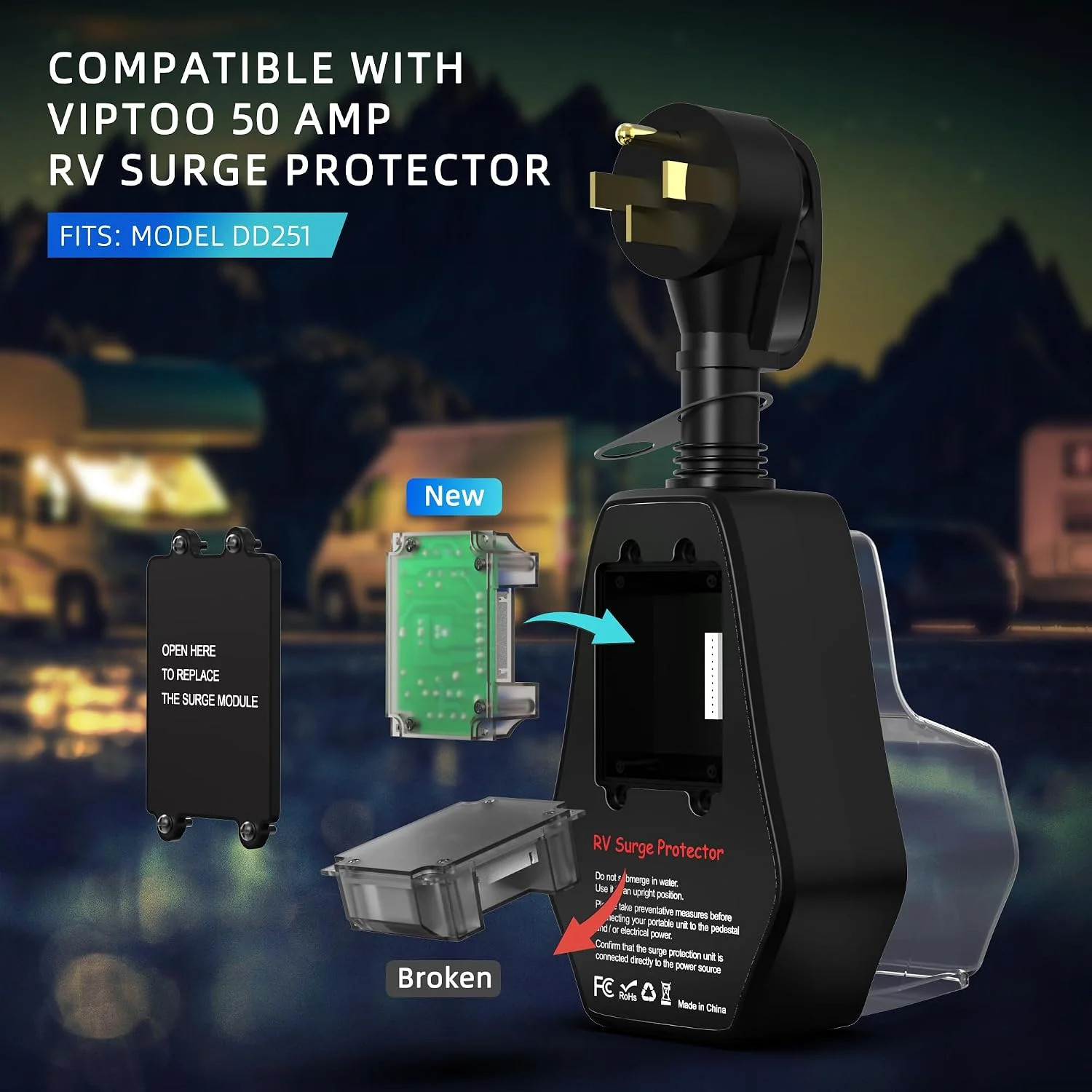 VIPTOO 50A RV Surge Protector with Replaceable Module, 12000J Circuit Analyzer f