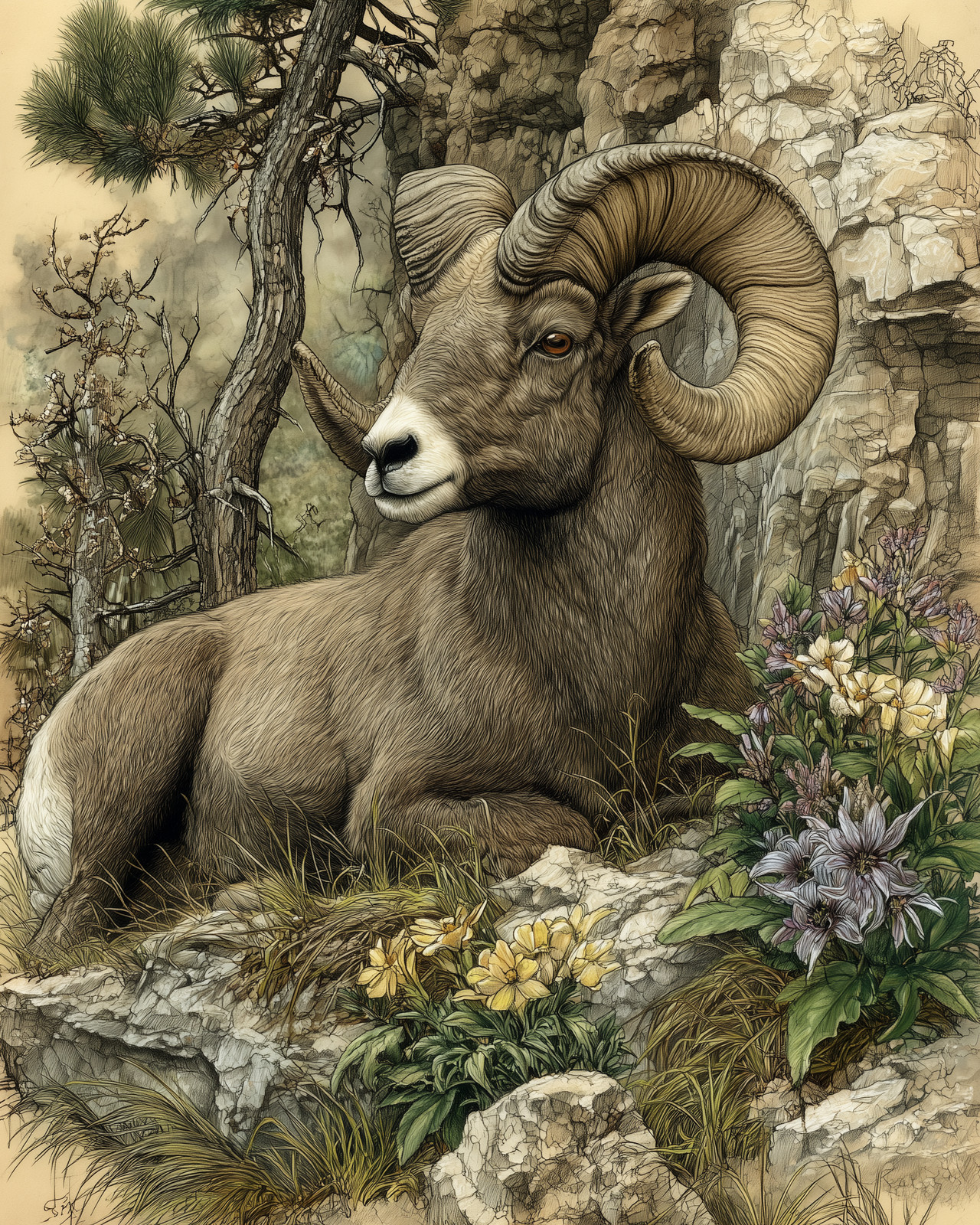 8x10 Bighorn Sheep Ram Resting Rocky Canyon Wildlife Art Print - 382298426