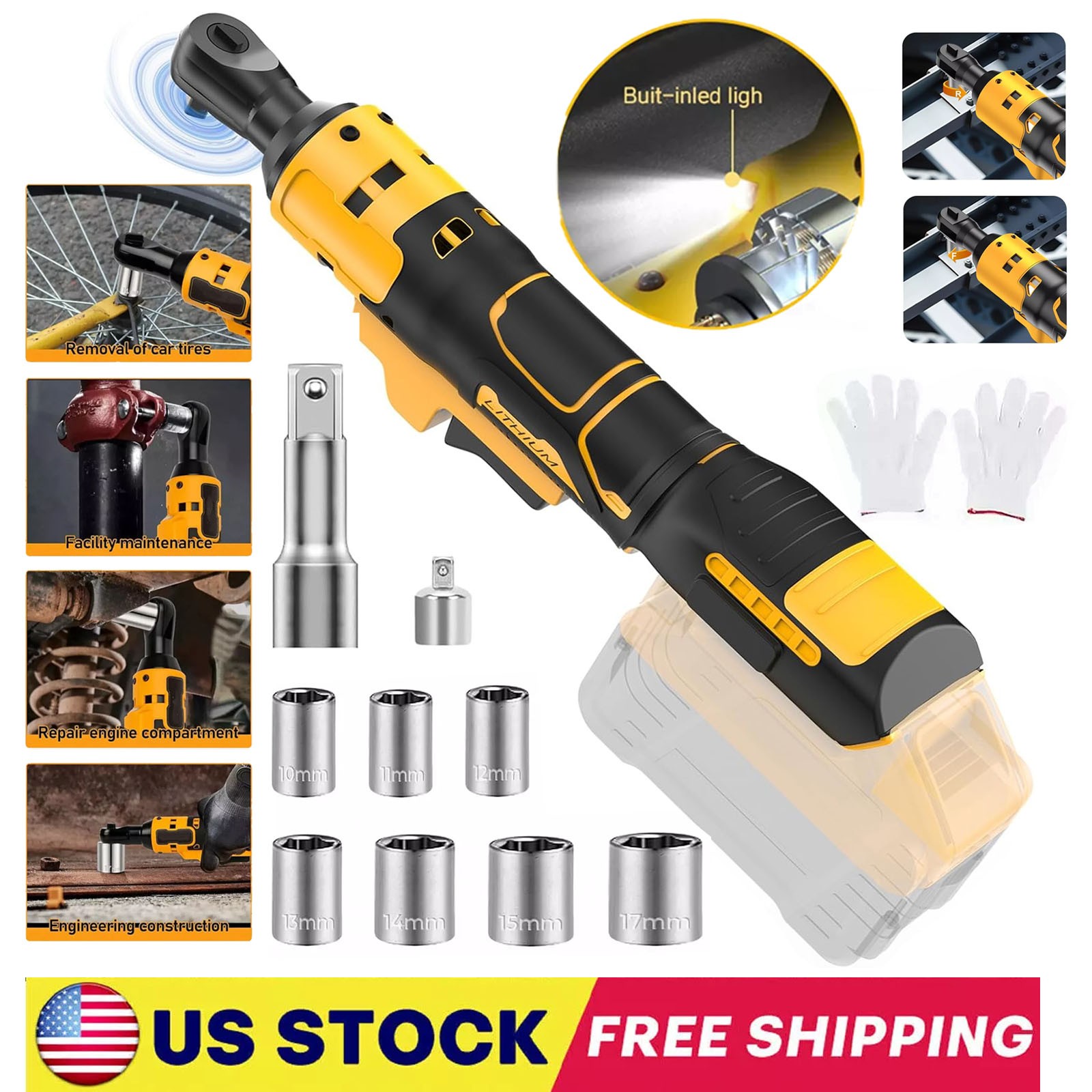Cordless Electric Ratchet Right Angle Wrench 3/8" for Dewalt 20V Li-Ion Battery