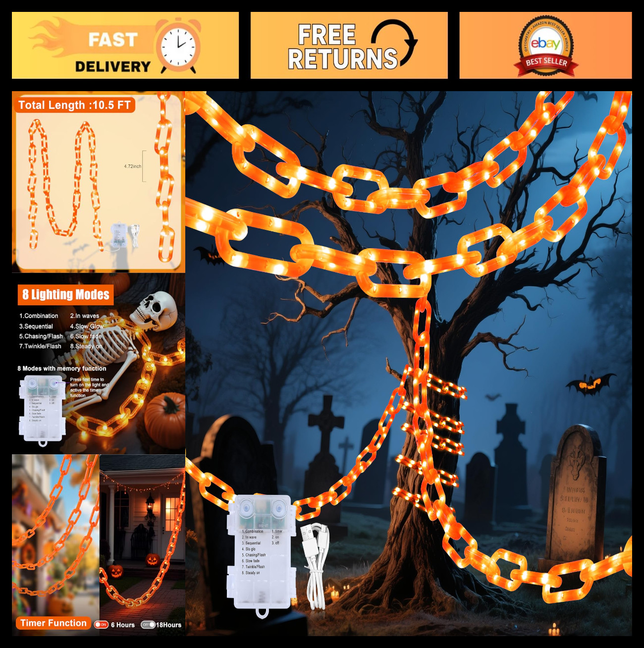 10.5FT 175LED Orange Halloween String Lights - Battery/USB, 8 Modes, Timer, Outd