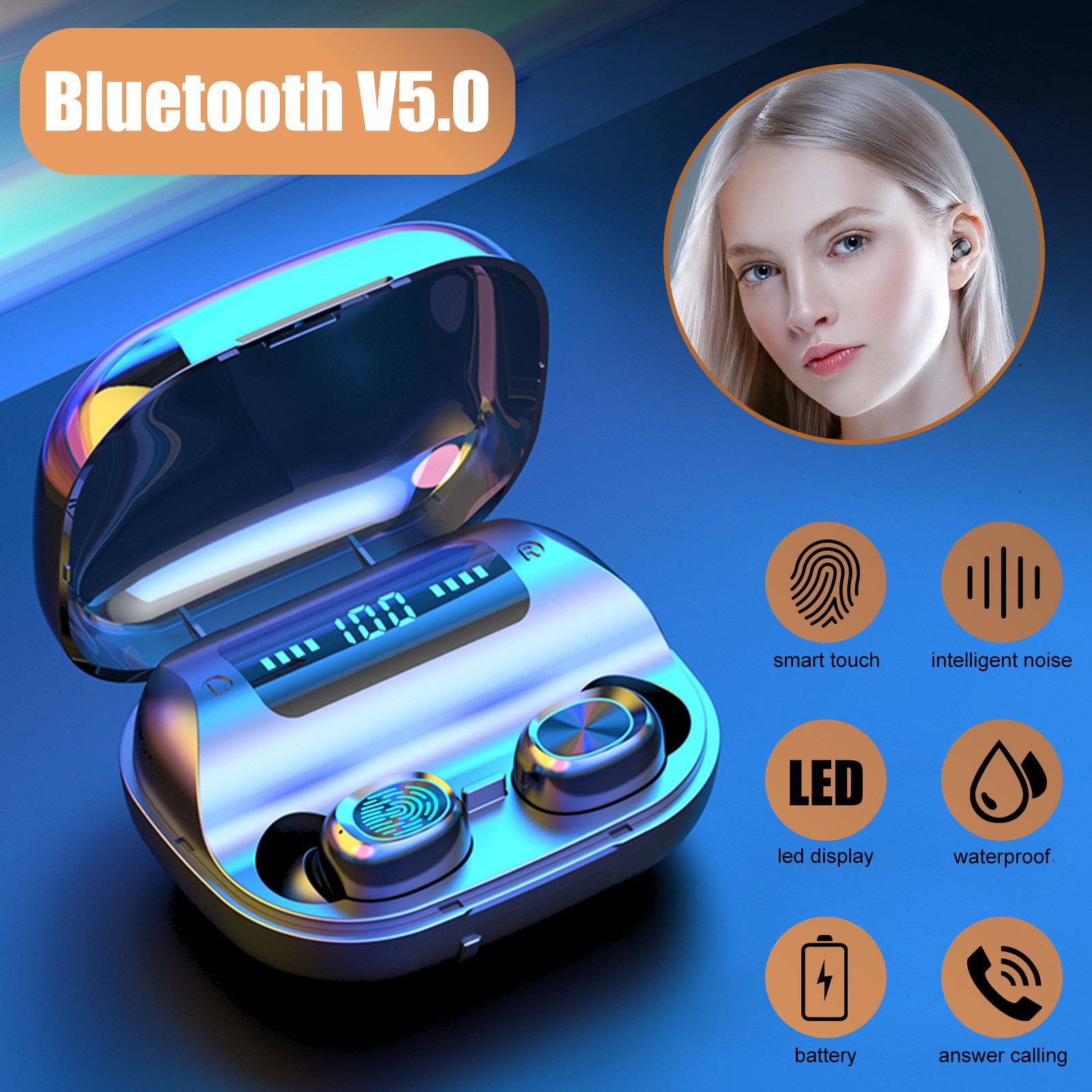 Bluetooth 5.0 Headset TWS Wireless Earphones Earbuds Bass Mic with Touch Control