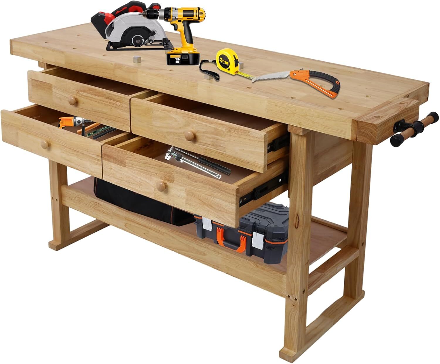 60'' Wood Workbench, 330Lbs Capacity Work Bench w/ 4 Drawers 1 Storage Shelves