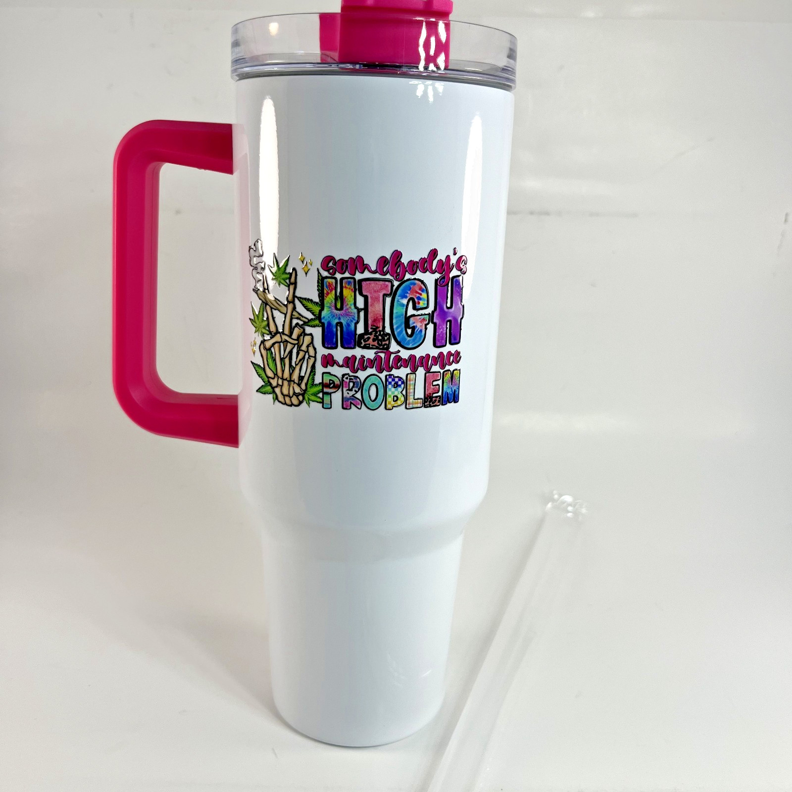 Stainless Steel Travel Tumbler 30oz White Pink Handle Quote Insulated