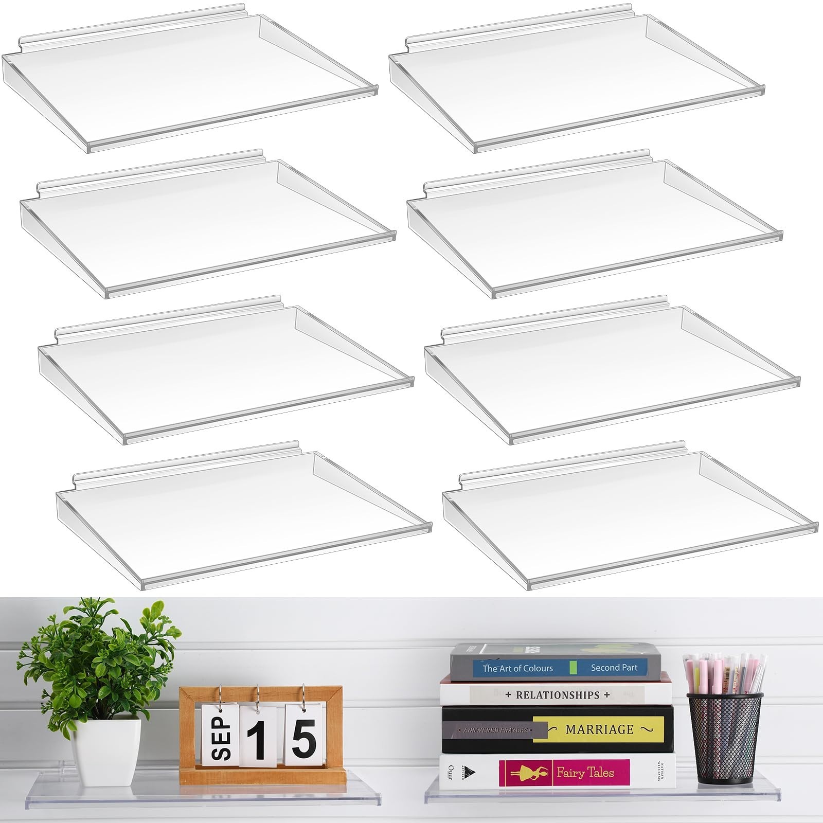 8 Pack Slatwall Shelves 14.5 x 5.9 in Plastic Clear Panel Shelve Wall Mount H...