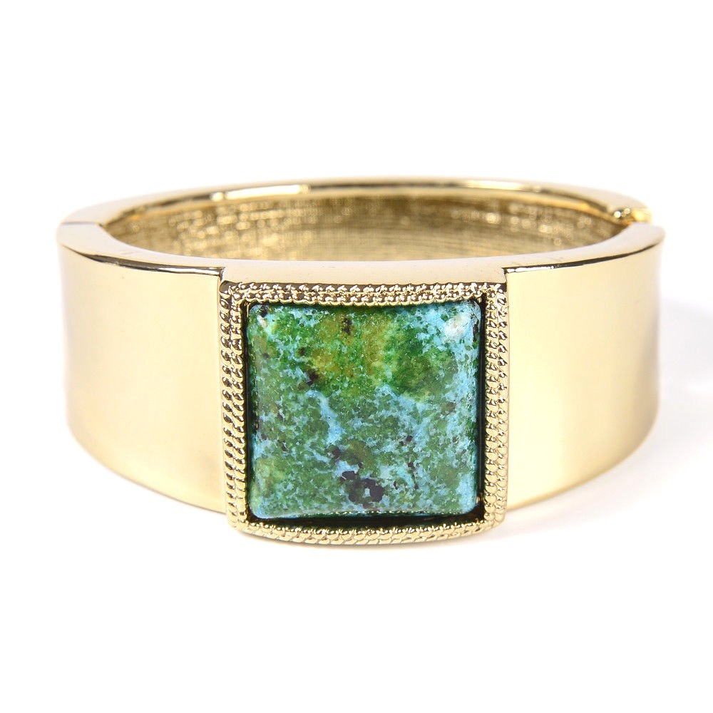 Women Gift Green Chrysocolla Square Gold Tone Bangle Bracelet 7"  FREE SHIPPING