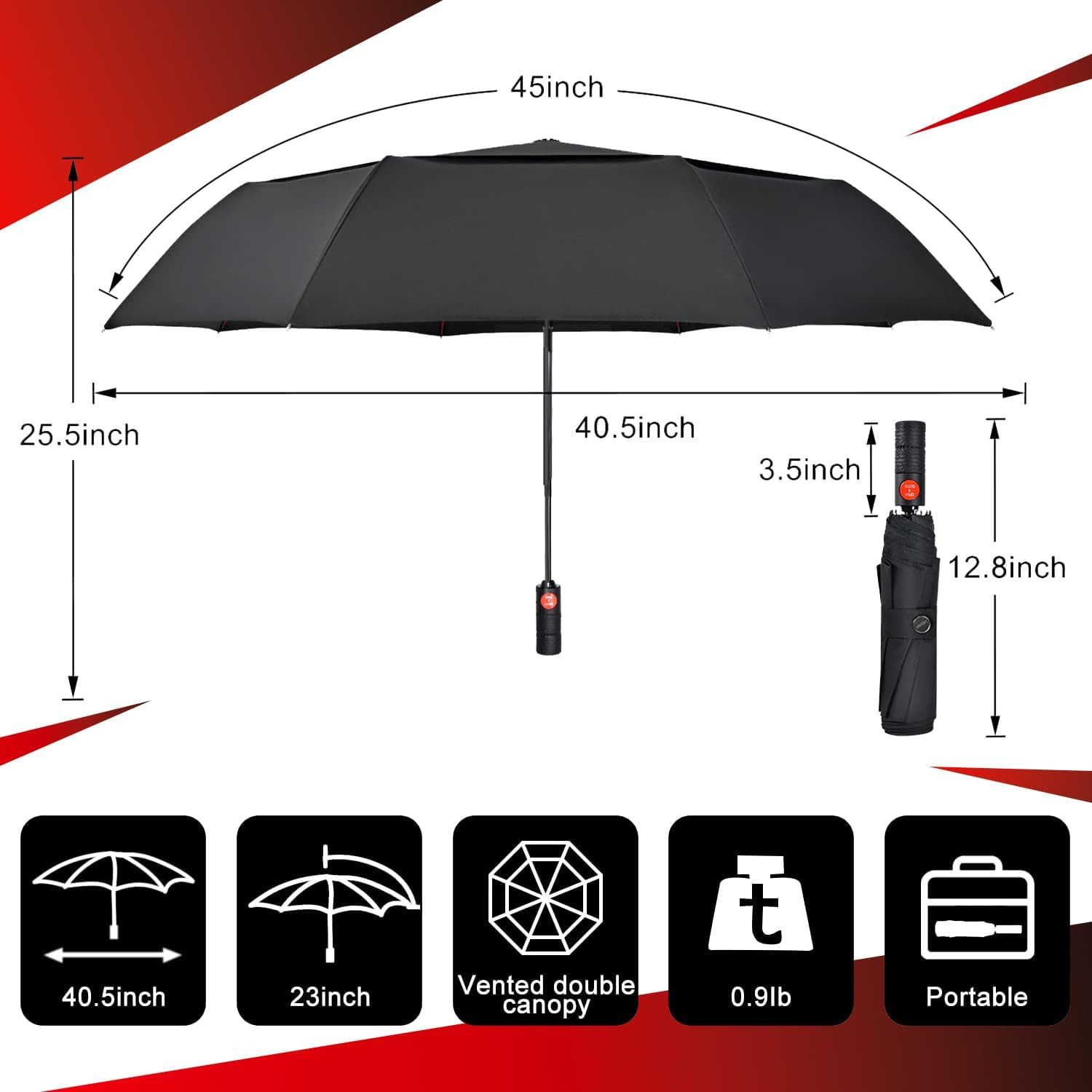 Collapsible Umbrella Compact Travel - Portable Black Double Canopy Automatic Win