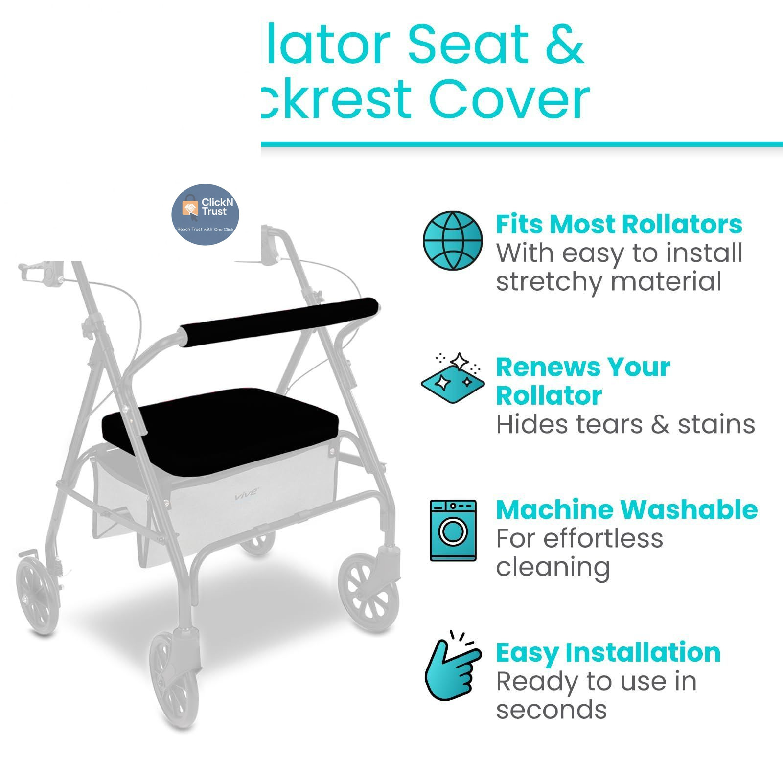 Vive Rollator Walker Seat and Backrest Covers - Removable Washable Black