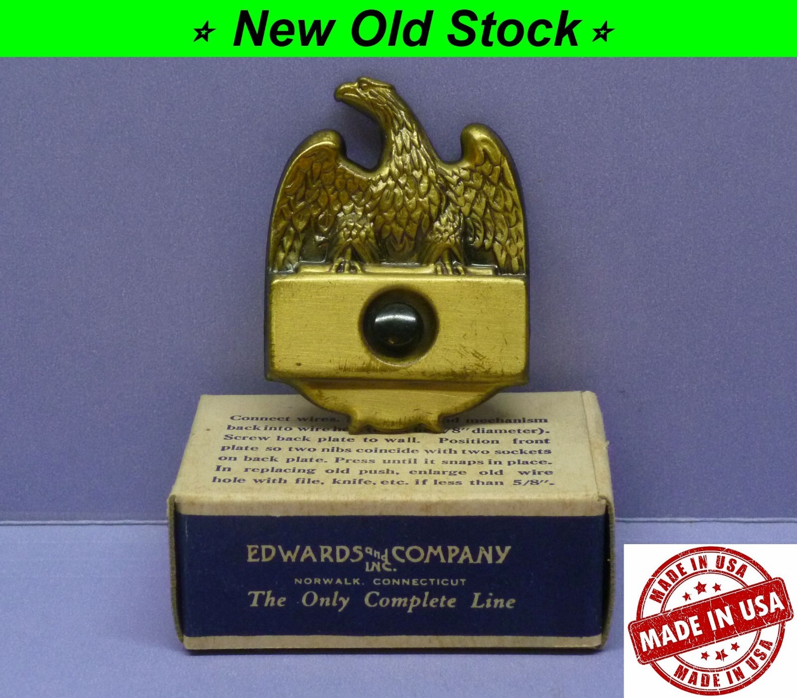 ✅ Vintage Edwards Brass Doorbell Push Button, Eagle Design, Screw-less Front USA