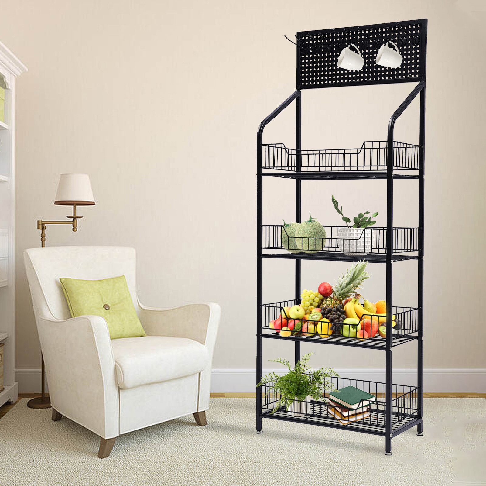 4-Tier Metal Baker's Rack With Locking Wheels, Wine Rack & 5 Hooks