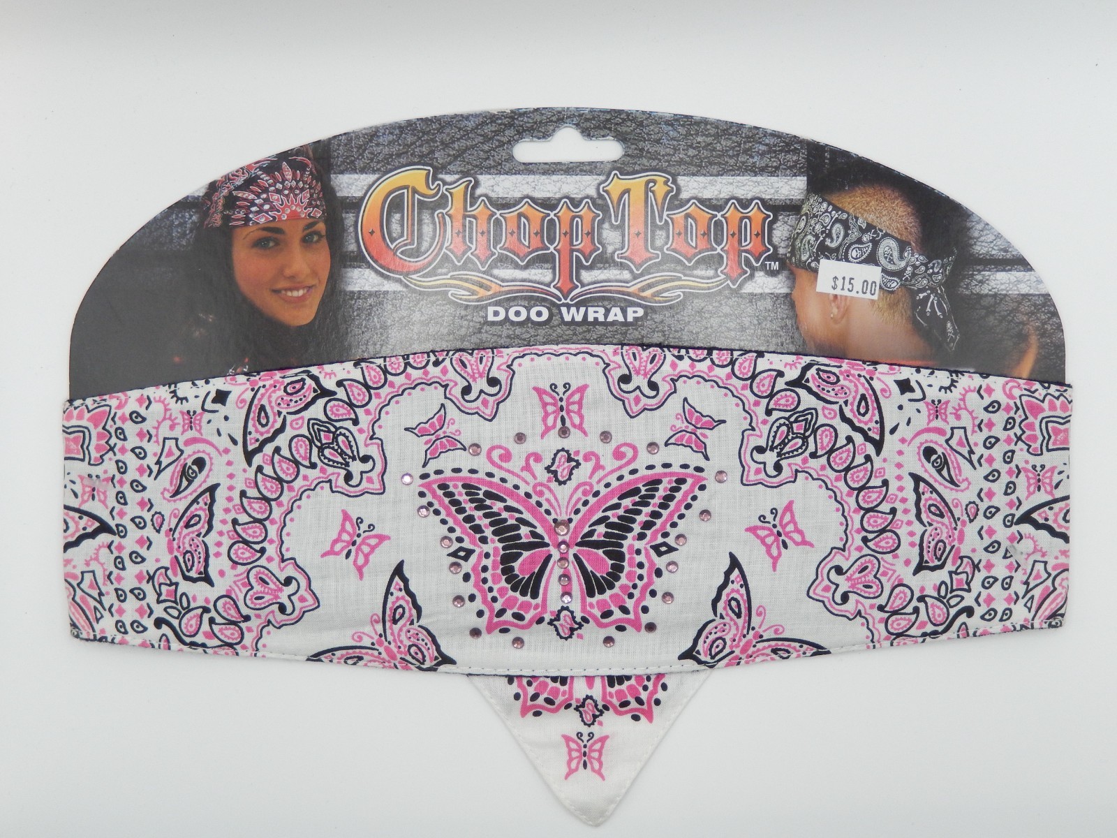 Chop Top Womens Pink Butterfly w/ Rinestones Paisley Doo Wrap Bandanna Headband