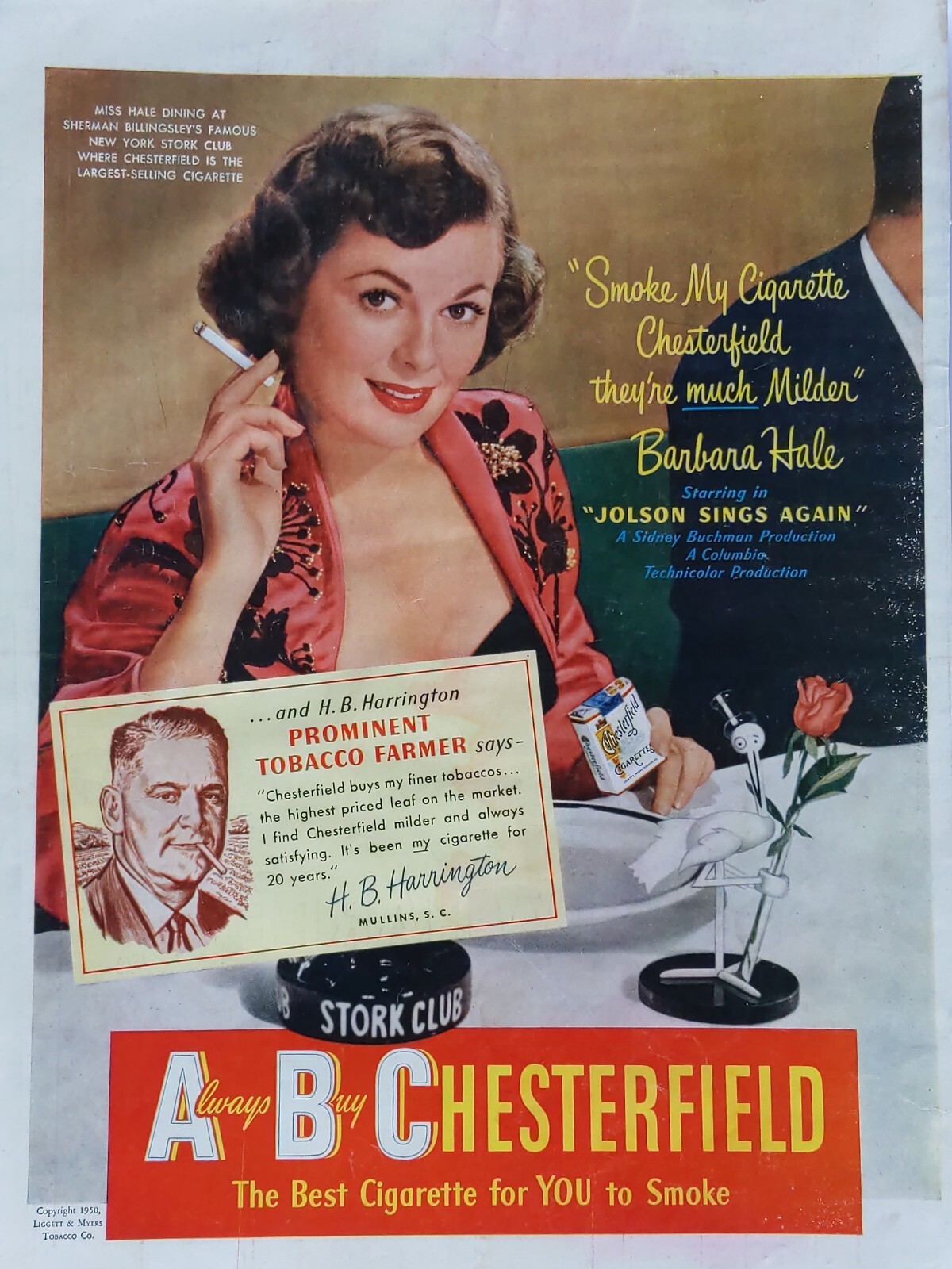 1950 vintage Chesterfield cigarette print ad, featuring Barbara hale
