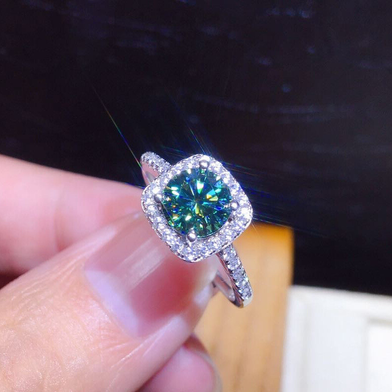 Gorgeous Classical Round Blue Green Moissanite Gems Silver Charm Adjustable Ring