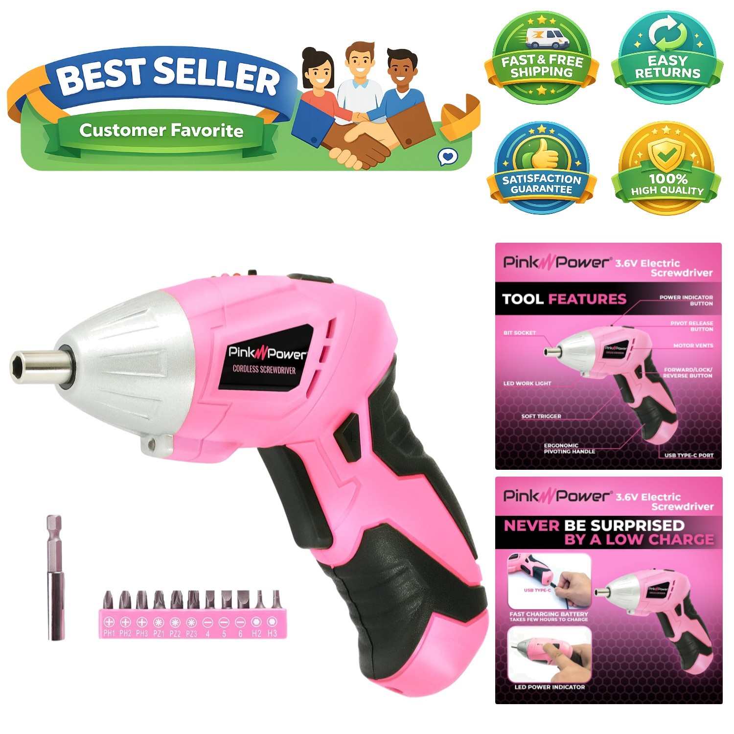 Cordless Screwdriver Set - 3.6V Electric Screwdriver Rechargeable Screw Gun K...