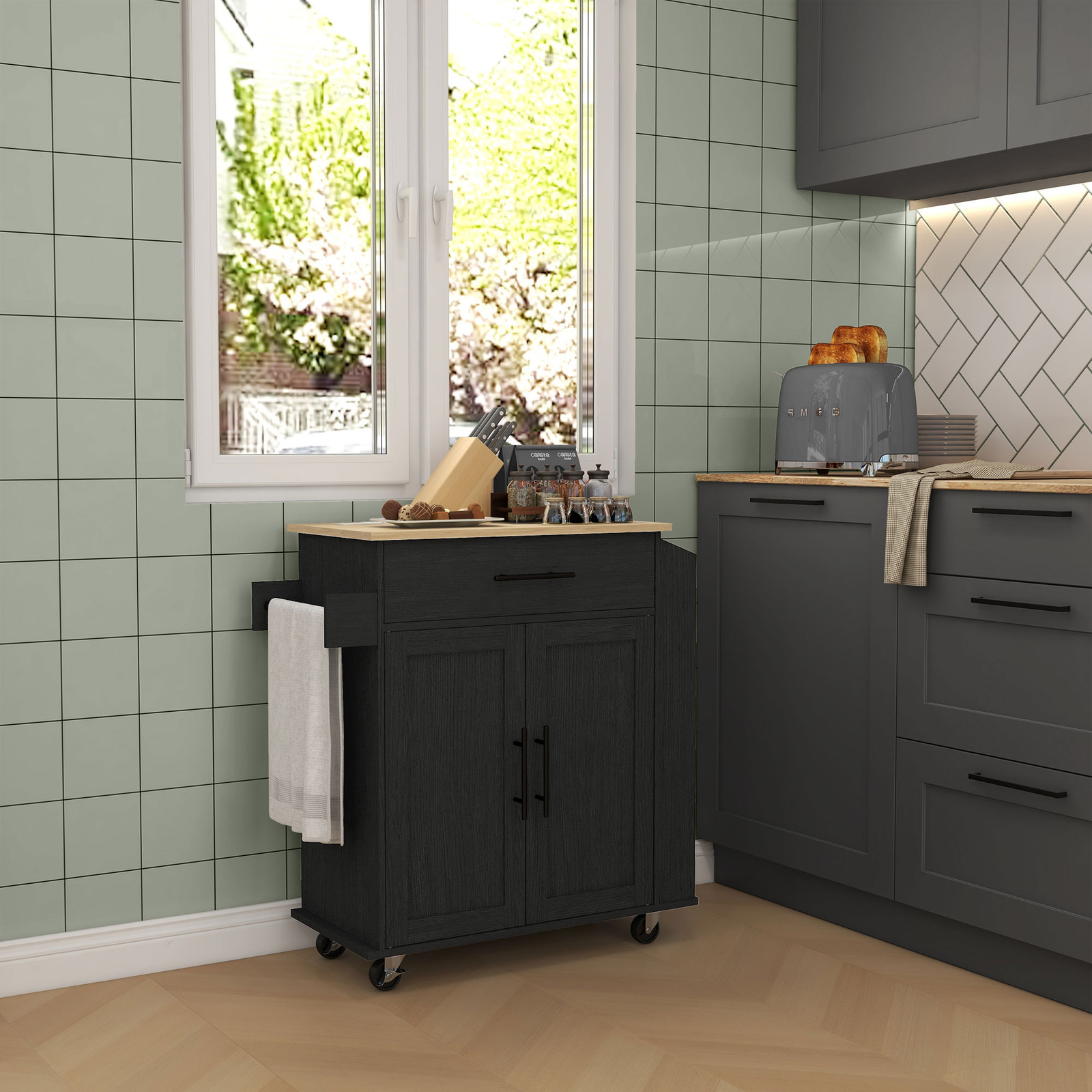 Kitchen Island with Storage and Power Outlets, Rolling, Black