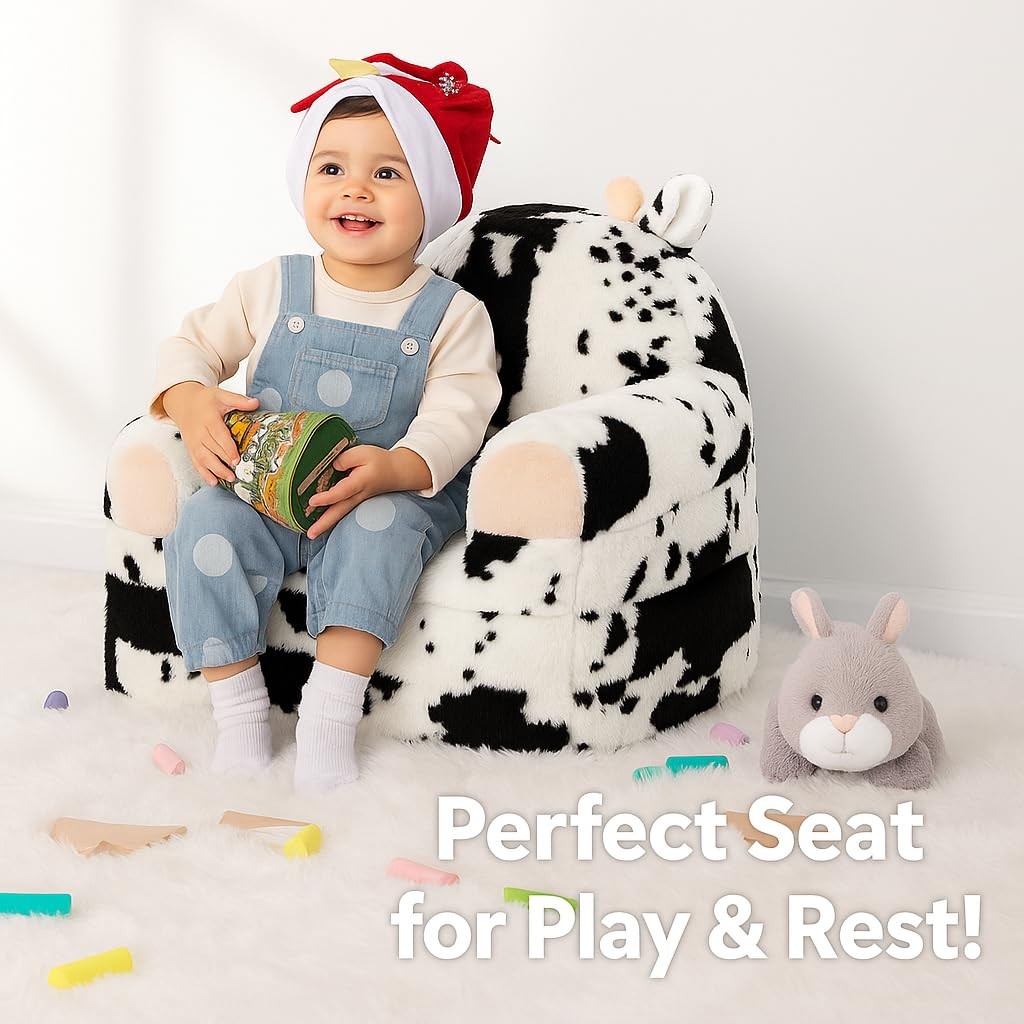 Toddler Chair with Faux Rabbit Fur – 2-in-1 Foldable Kids Couch, Soft Sofa fo...