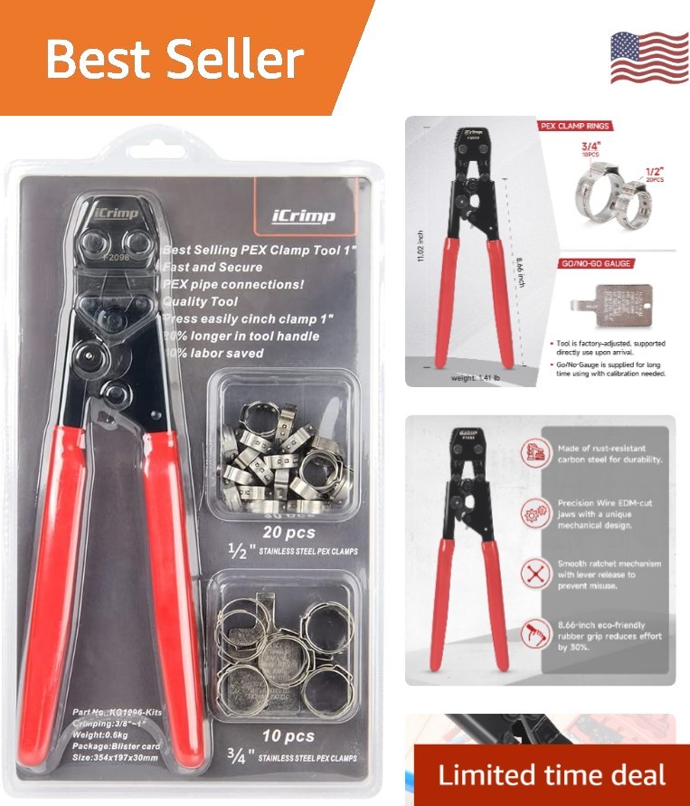 iCrimp Universal PEX Pipe Clamp Crimping Tool with 30 Stainless Steel Clamps