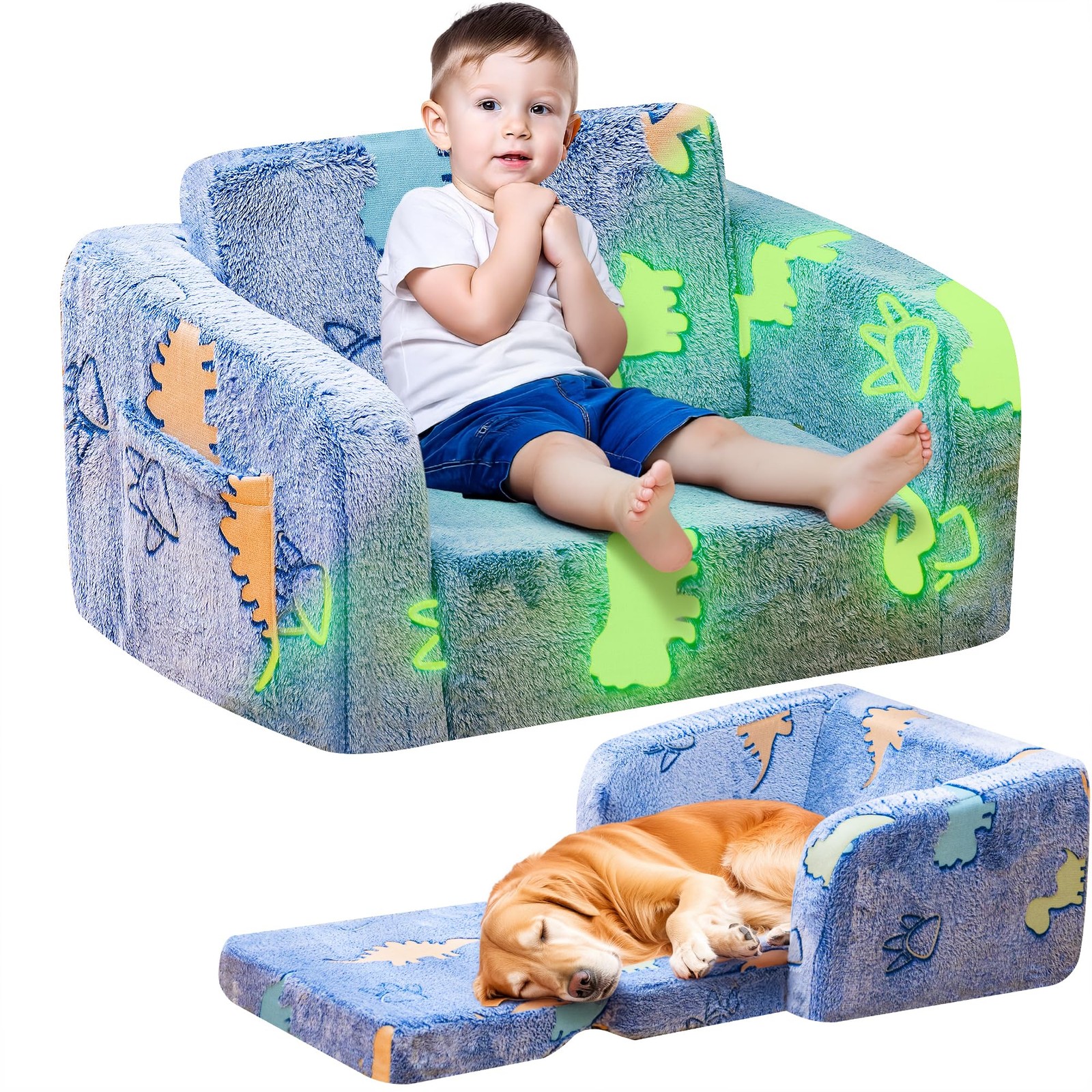 2-in-1 Soft Couch Fold Out,Foldable Chair, Glow in The Dark Sofa for playroom...