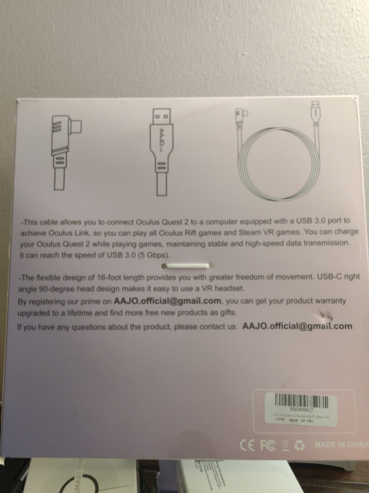 16FT VR Link Cable USB-A to USB-C for Meta Quest 2 / 3 Oculus PC VR 5Gbps