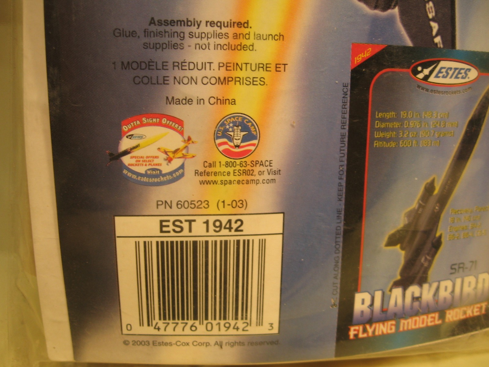 Estes #EST 1942 , Model Rocket Kit SR-71, NEW