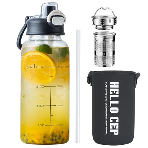 35oz Glass Water Bottles with Time Marker & Straw, BPA-Free Leakproof 1PCS