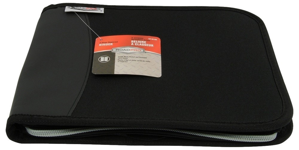 RoadPro LB-001BK Zippered 3‑Ring Log Binder Black Document Organizer