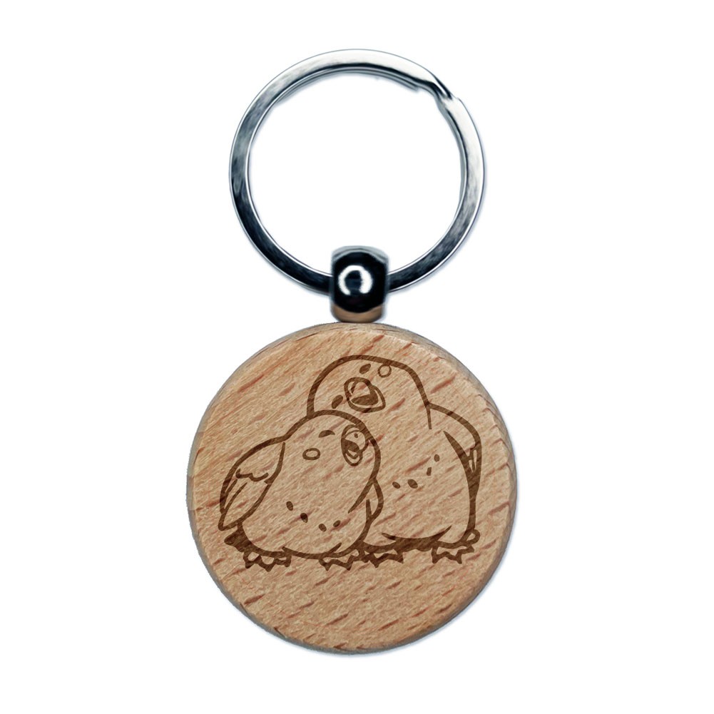 Lovebirds Cuddling Snuggling Together Love Engraved Wood Round Keychain Charm