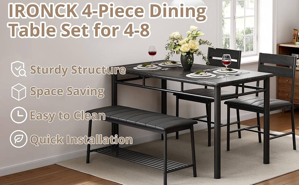 Dining Table Set for 4, Kitchen Table with Upholstered Bench and 2 Chairs,
