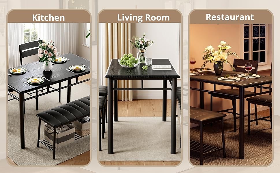 Dining Table Set for 4, Kitchen Table with Upholstered Bench and 2 Chairs,