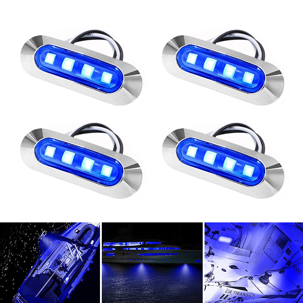 4x Marine Boat 4 LED Courtesy Lights Cabin Deck Walkway Stair Light Blue 12V-24V