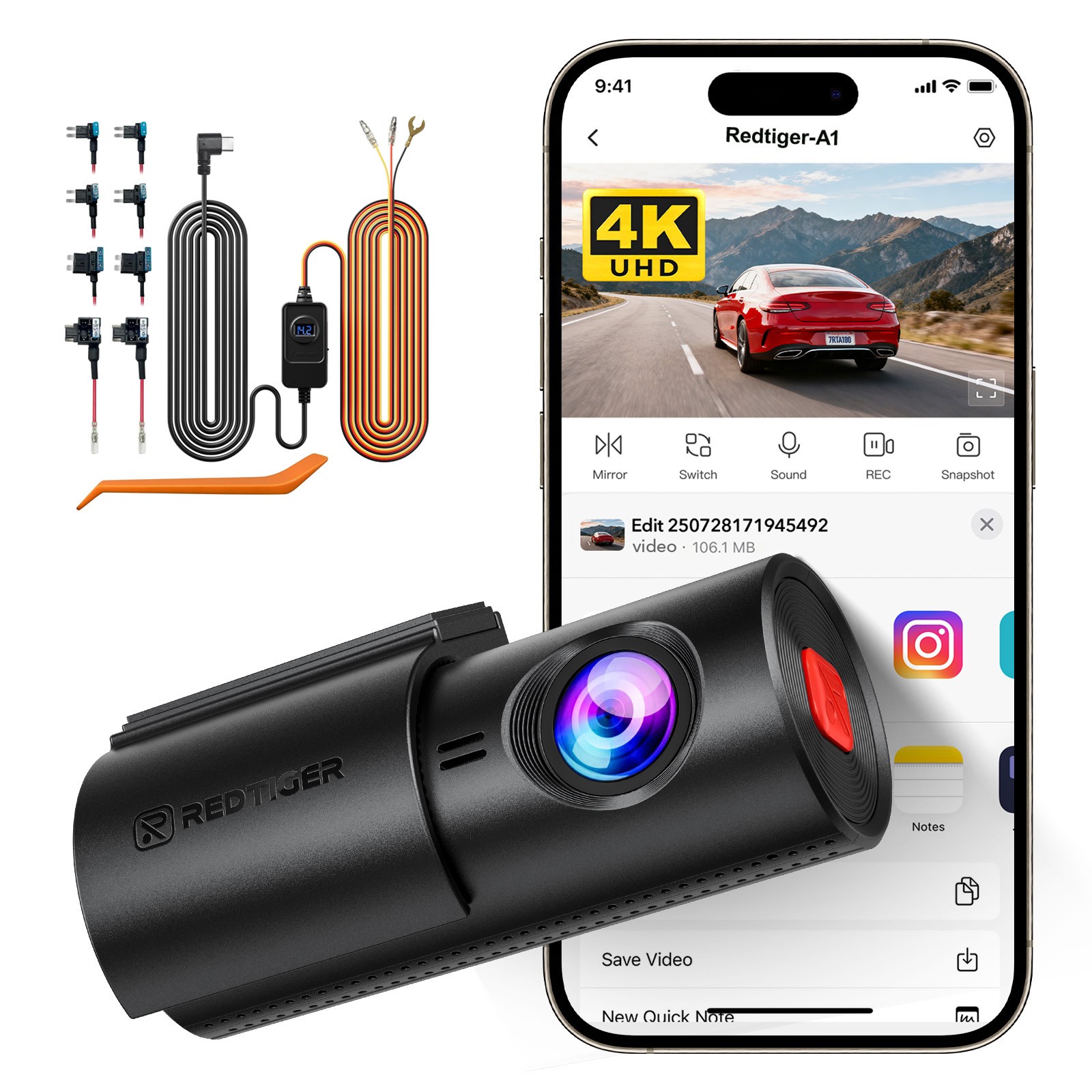 REDTIGER A1 4K Dash Cam APP Control Compact Mini Super Night Vision Hardwire kit