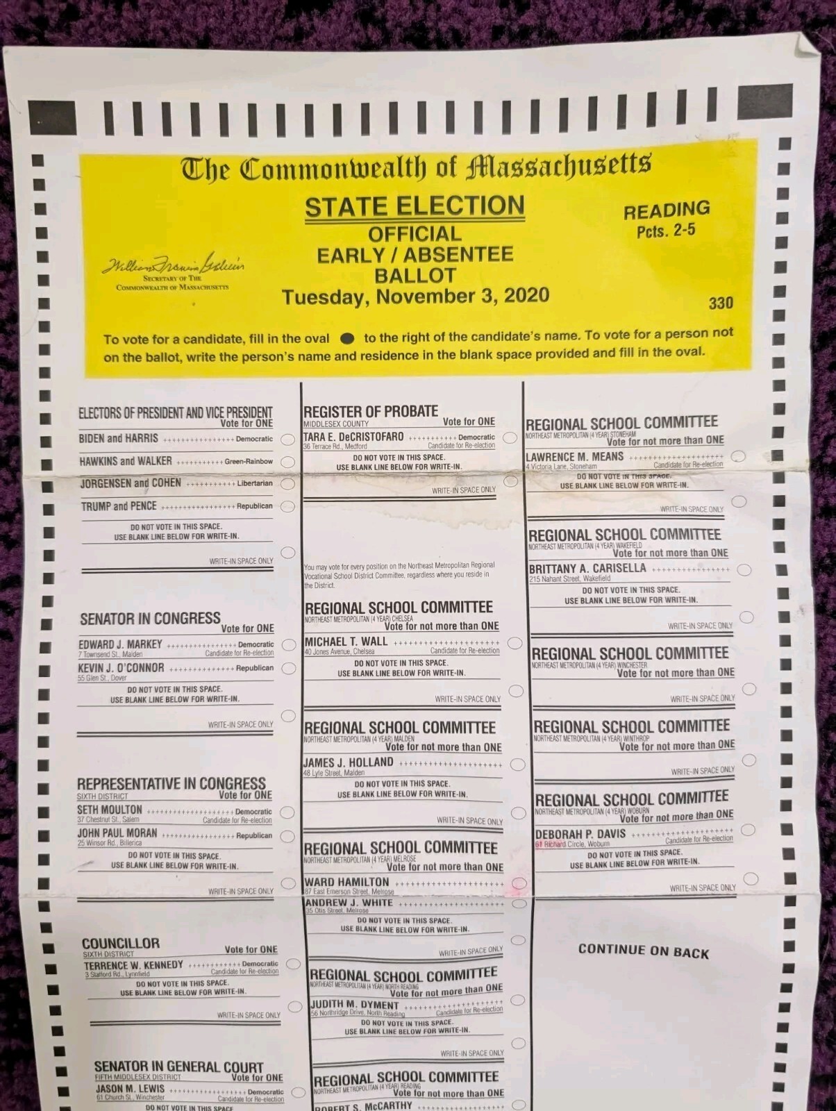 Original MA  Ballot 2020 Presidential Election (Biden/Harris Trump/Pence) New