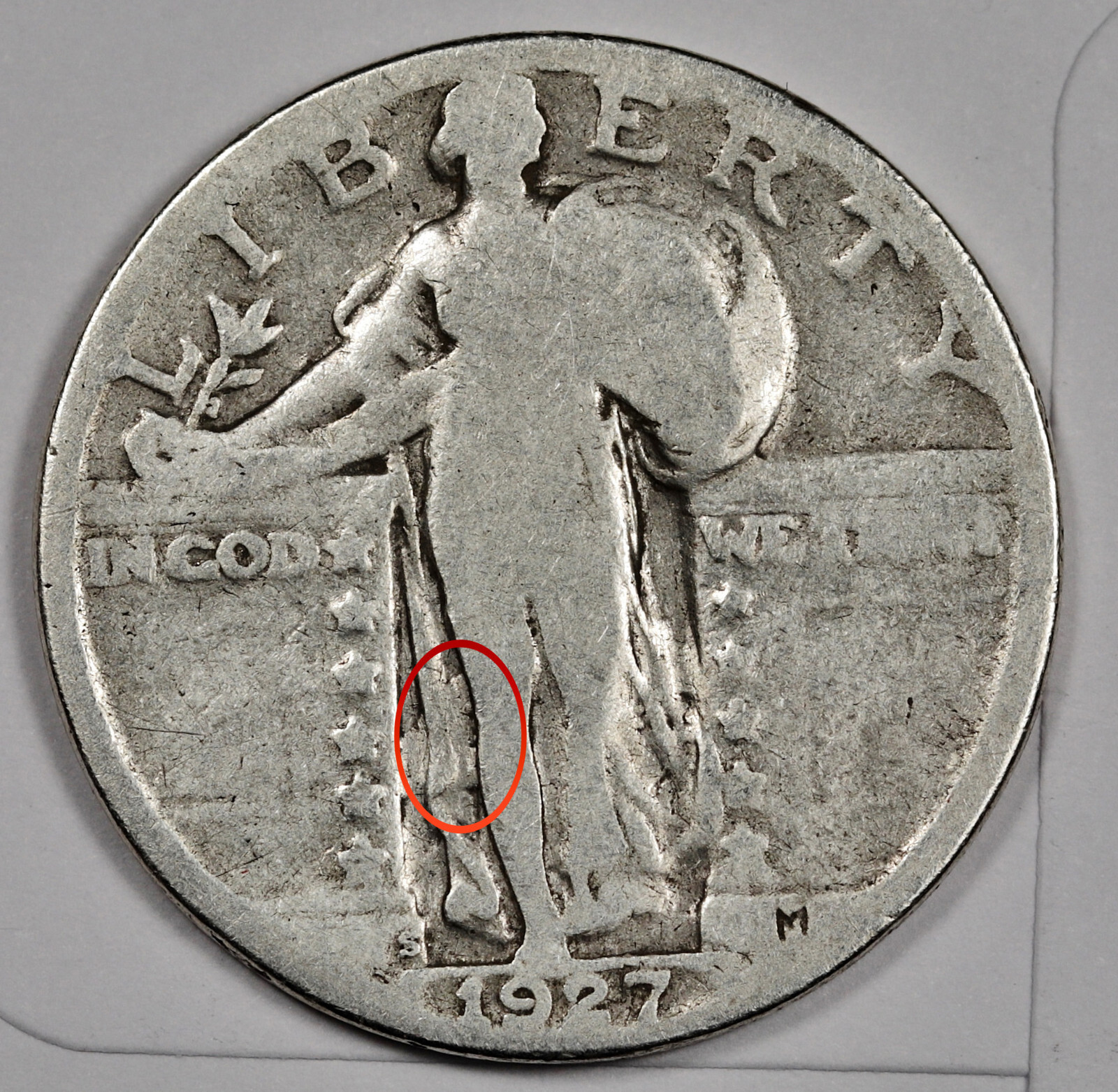 1927-s Standing Liberty Quarter.  Error Clashed "E" and other Clashes.  197096