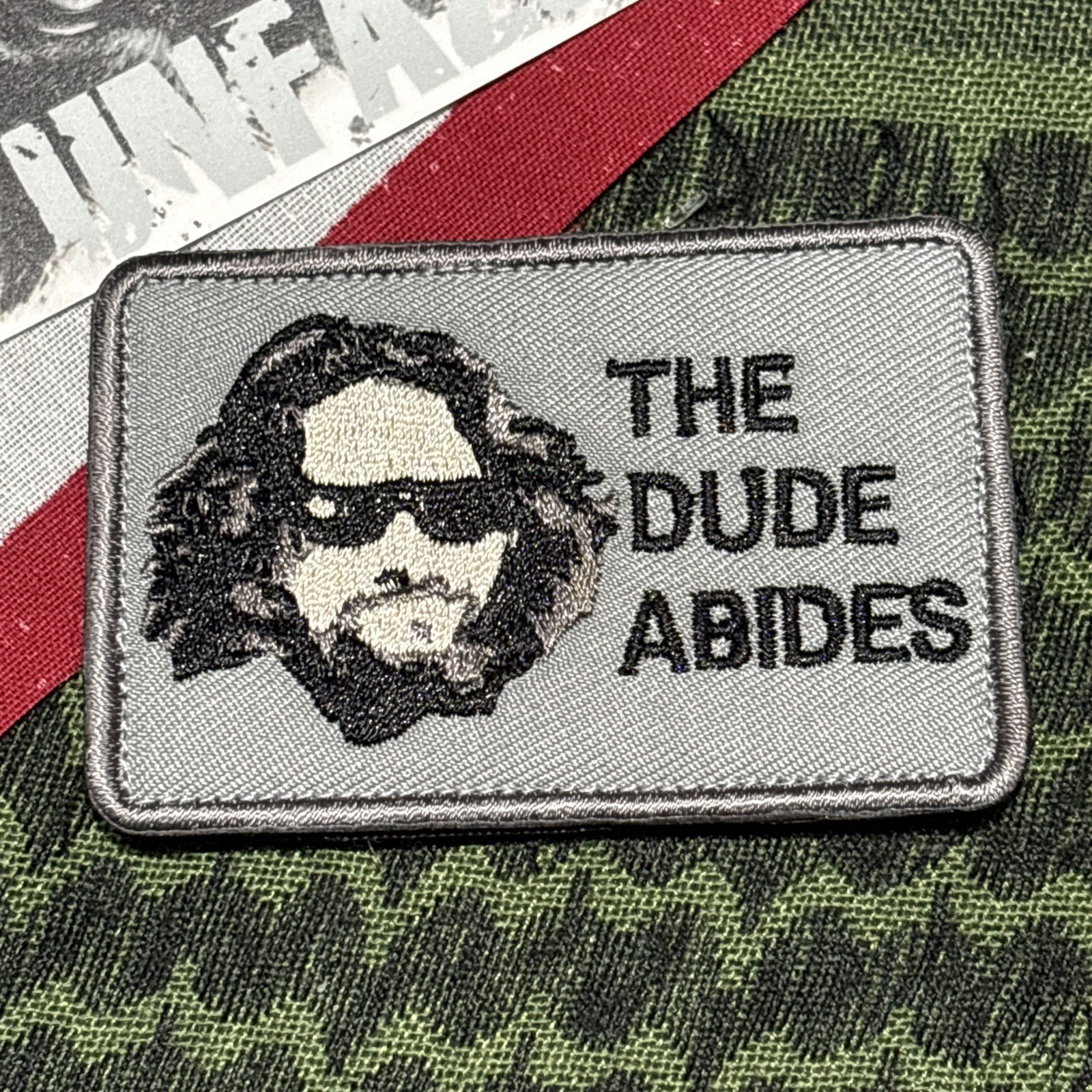 The Dude Abides Patch 3x2.5” Hook & loop High Quality Embroidery Grey