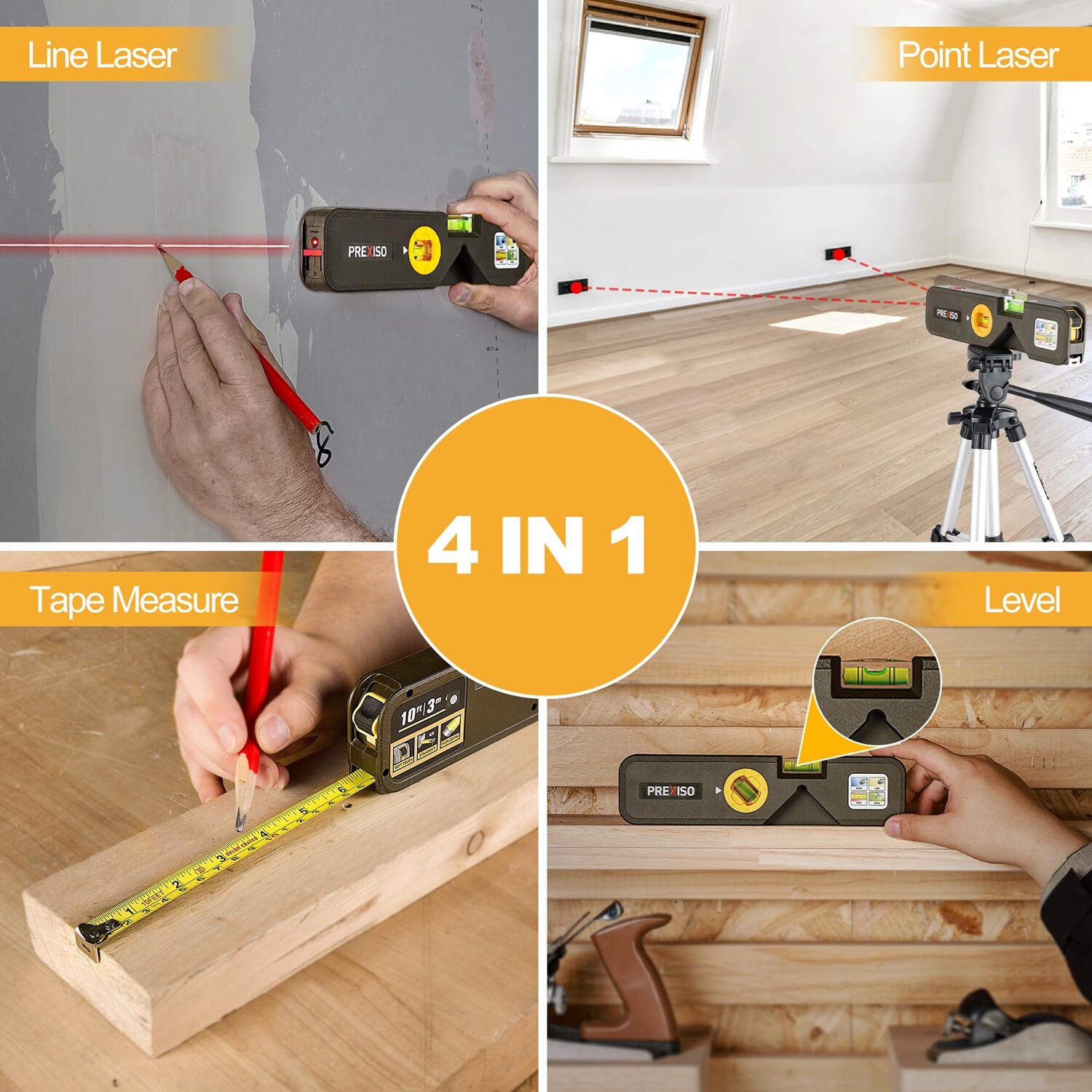 PREXISO 4-in-1 Laser Level Torpedo Level 65Ft Alignment Point 10Ft Leveling Line