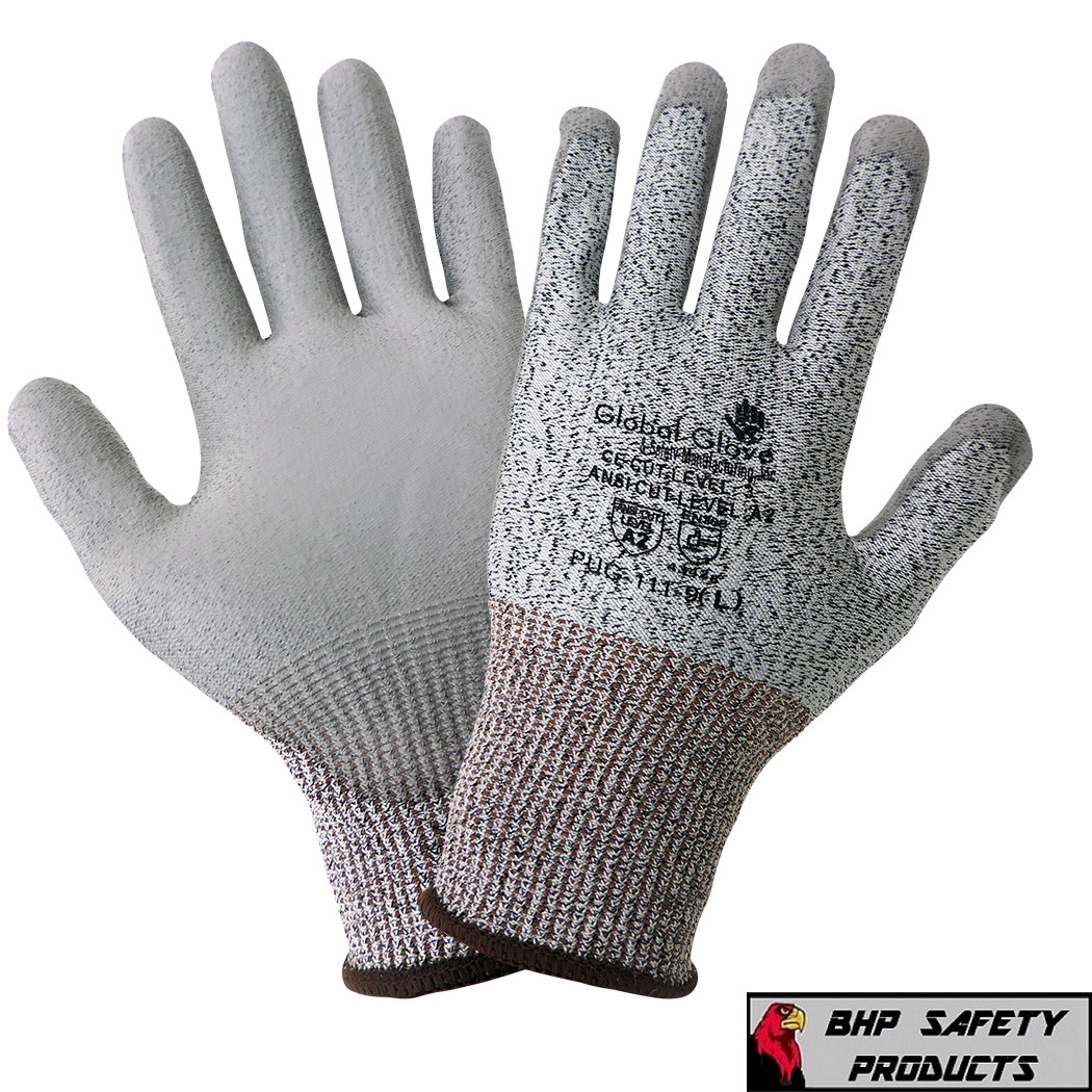 Global Glove PUG-111 Cut Resistant Level A2 Work Gloves Grey PU Palm Coated