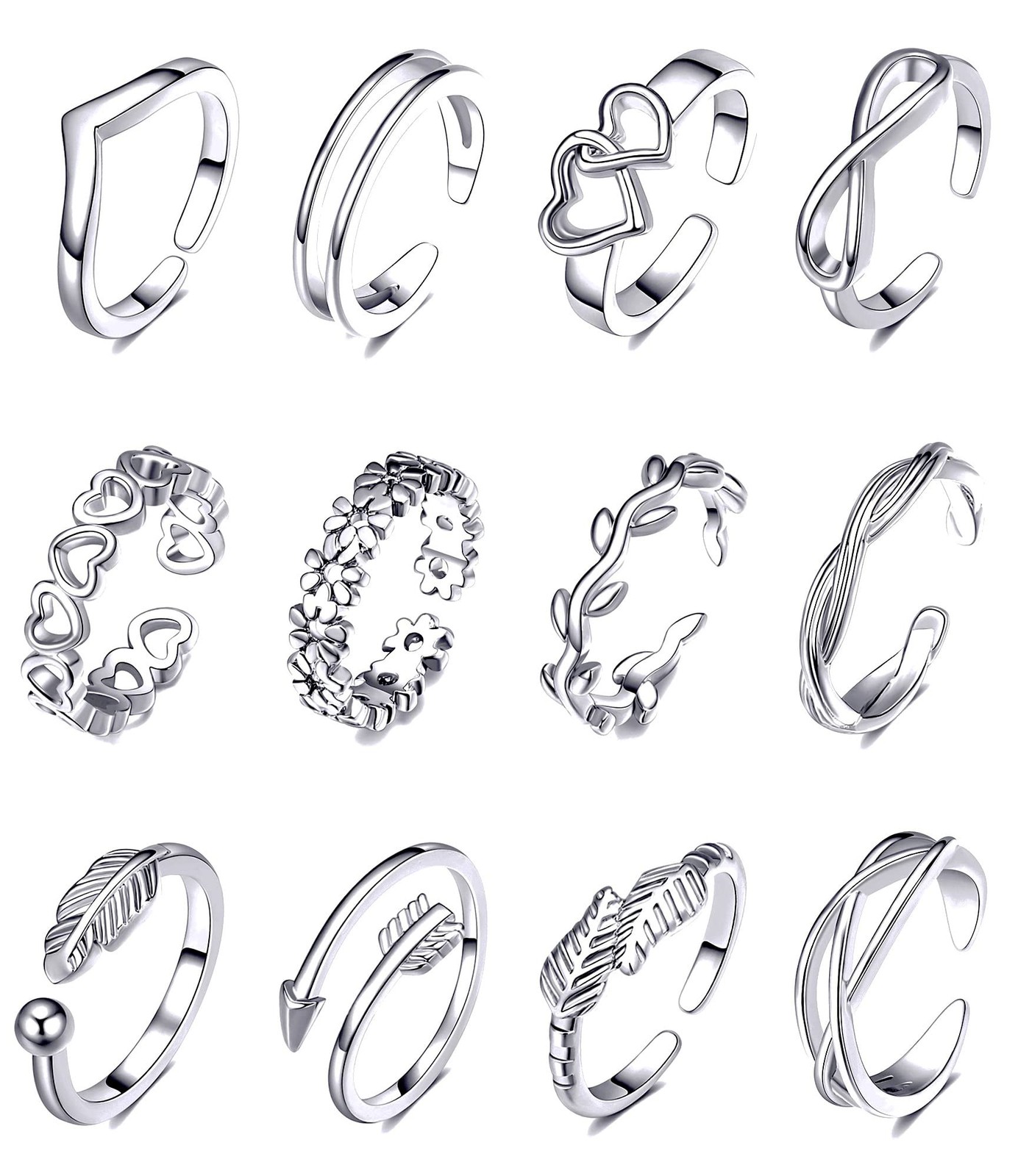 12PCS 14K Gold Plated Adjustable Toe Rings for Women Flower Arrow Band Open T...