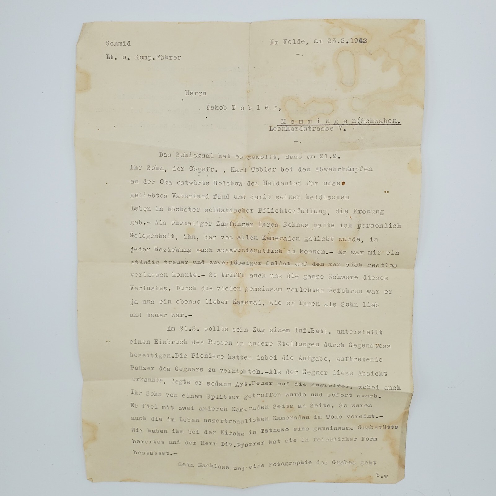 WW2 WWII Original German Barbarossa officer letter death notification 1942 tank