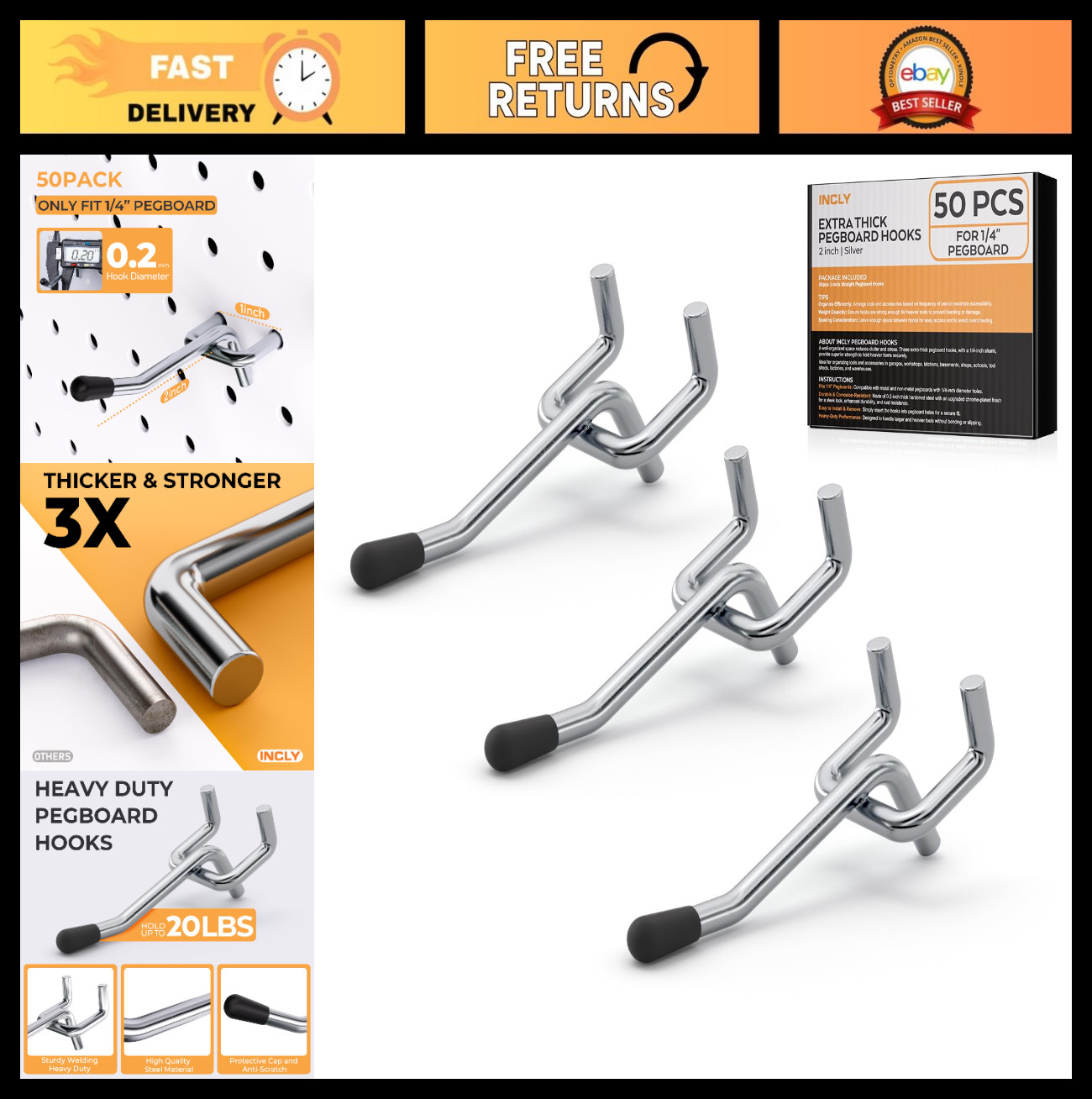 50 Pack Heavy Duty 2" Pegboard Hooks with Rubber Tips - Tool Hangers for Garage,