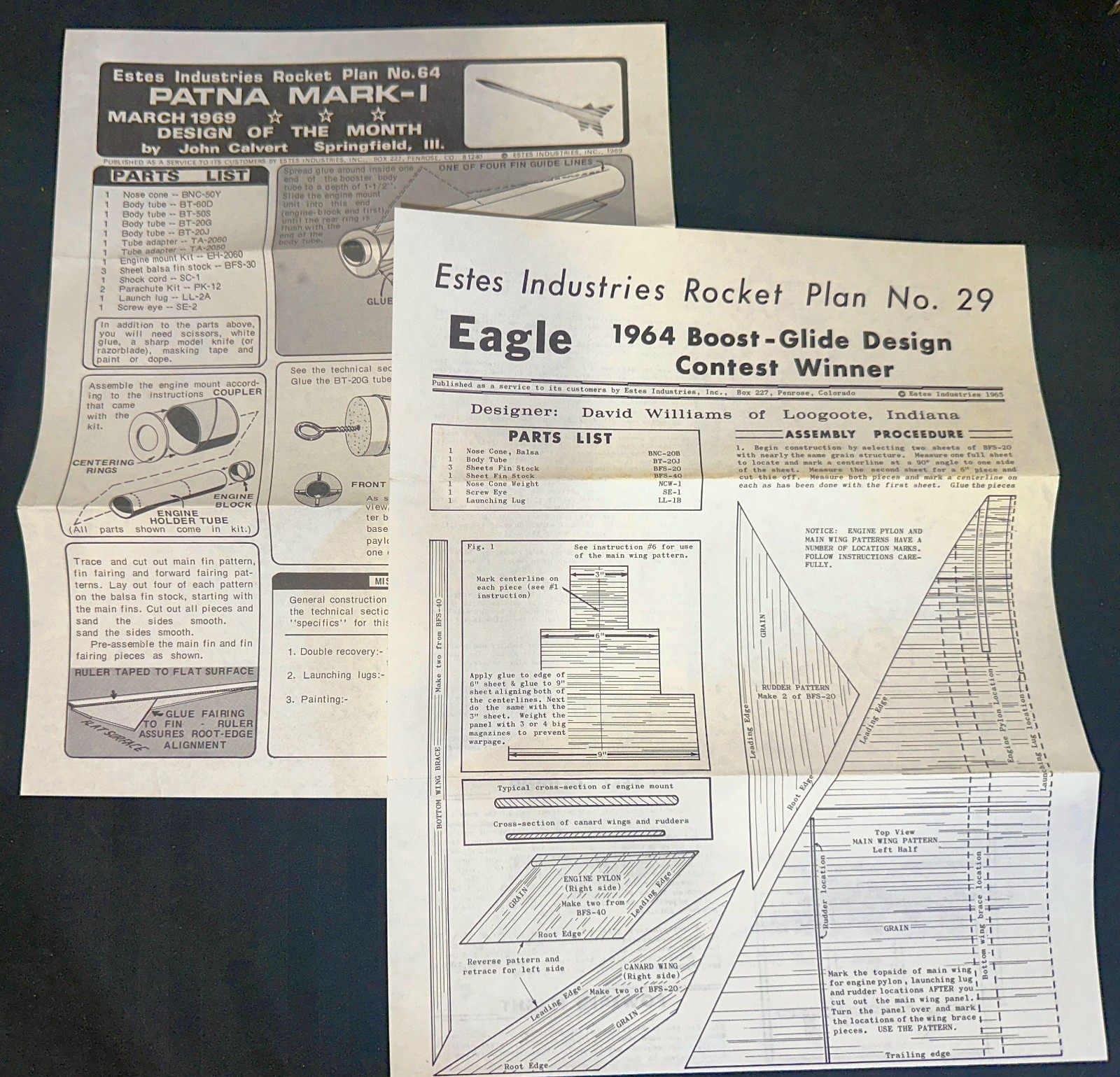 2 Vintage 1960's Estes Rocket Plans - Plan No. 29 and Plan No. 64