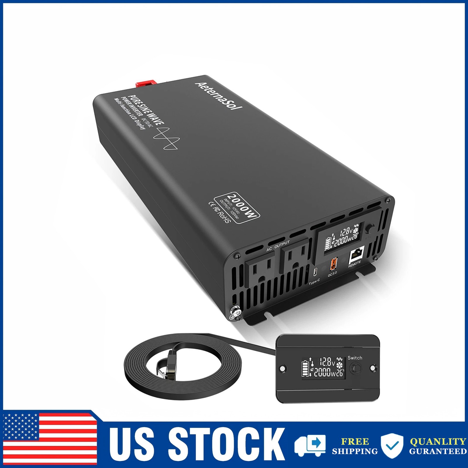 2000W Pure Sine Wave Power Inverter 12V to 120V LCD Car RV Truck Solar Backup US