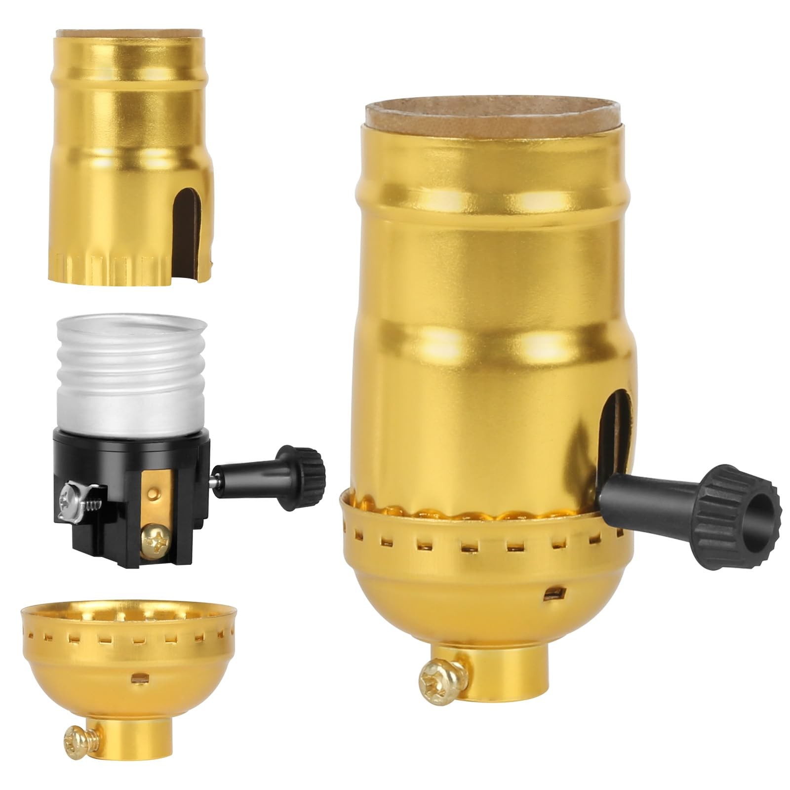 JUTOROSY 2-Way Lamp Socket Replacement, E26 Base UL Listed, Turn Knob Gold