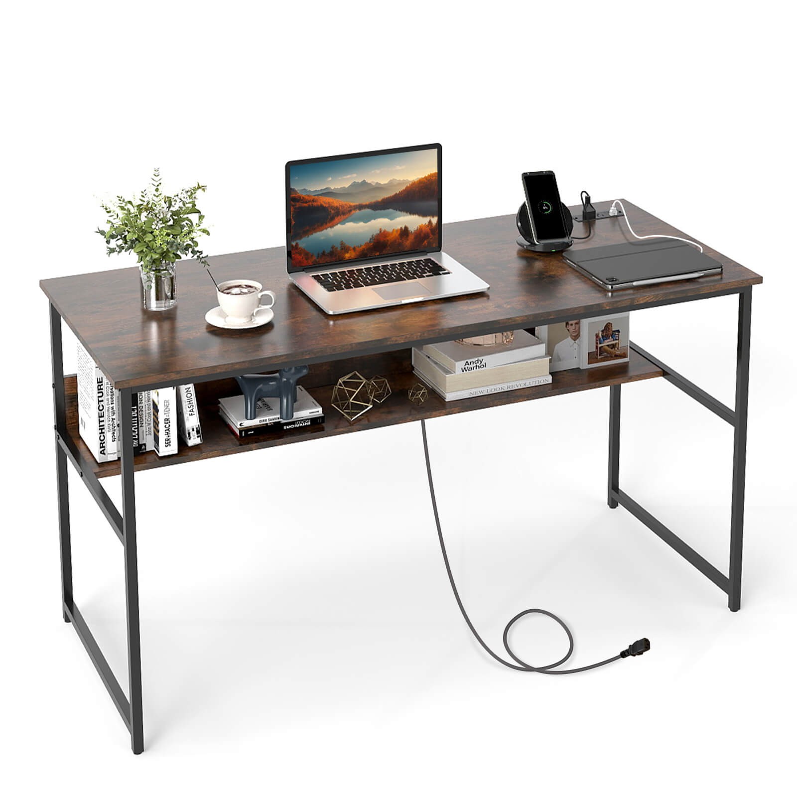 55 x 24 inch Office Desk w/Charging Station,Storage Shelf,Heavy Duty Metal Frame
