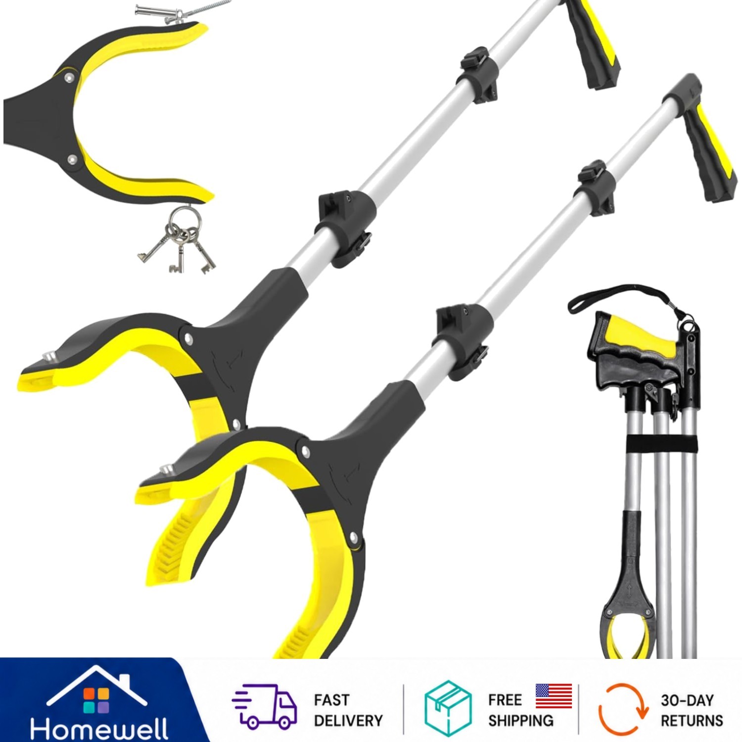 38-Inch Lightweight Reacher Grabber Tool - 360° Rotating Anti-Slip Grip (2 PCS)