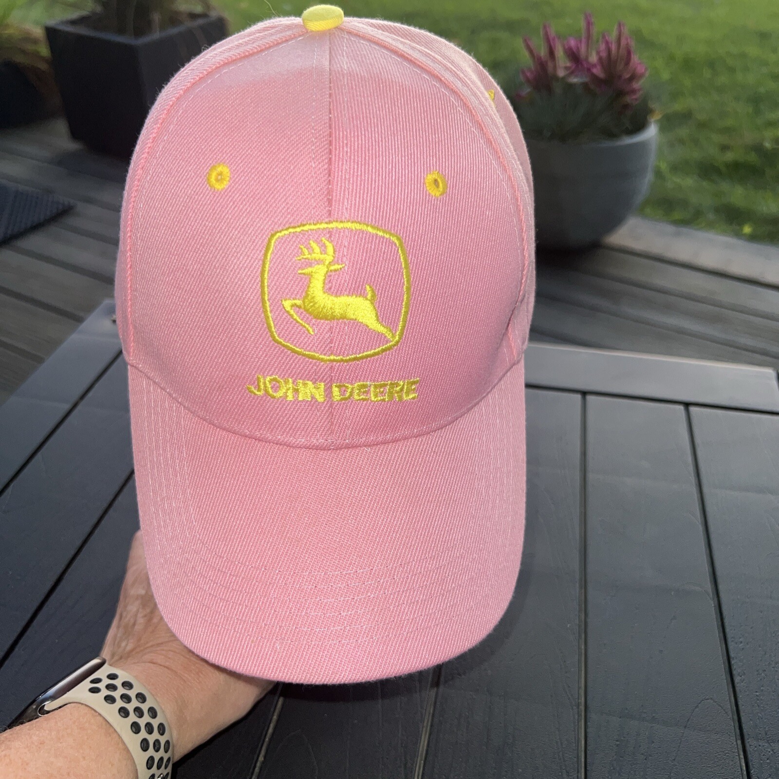 John Deere Logo Letters in Yellow on Pink Hat Cap Hook Loop Cotton Unbranded