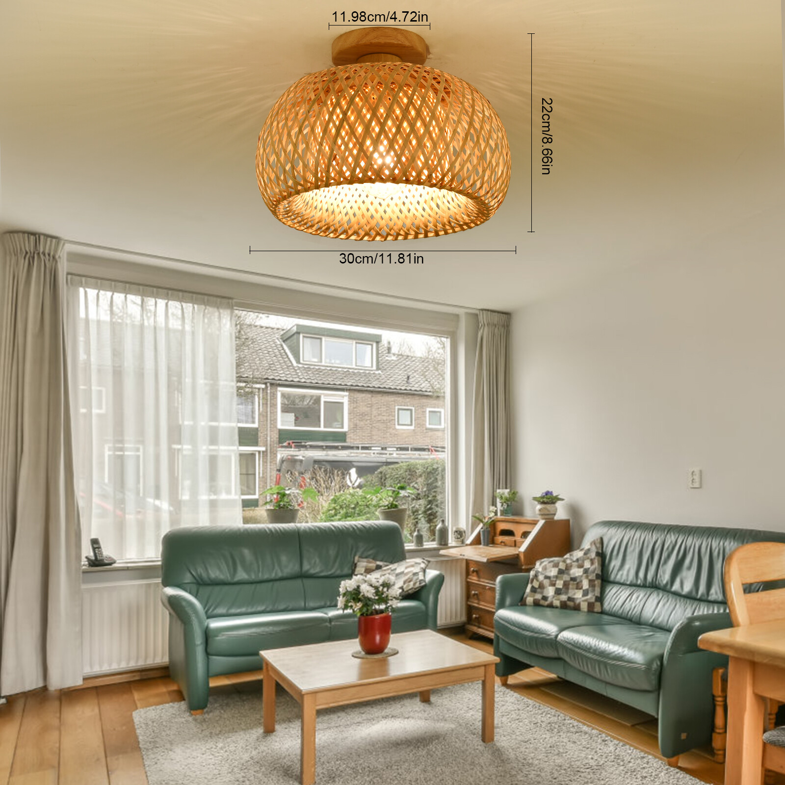 110V E26 Ceiling Light Semicircle Bamboo Pendant Light 60W Indoor Hanging Lamp