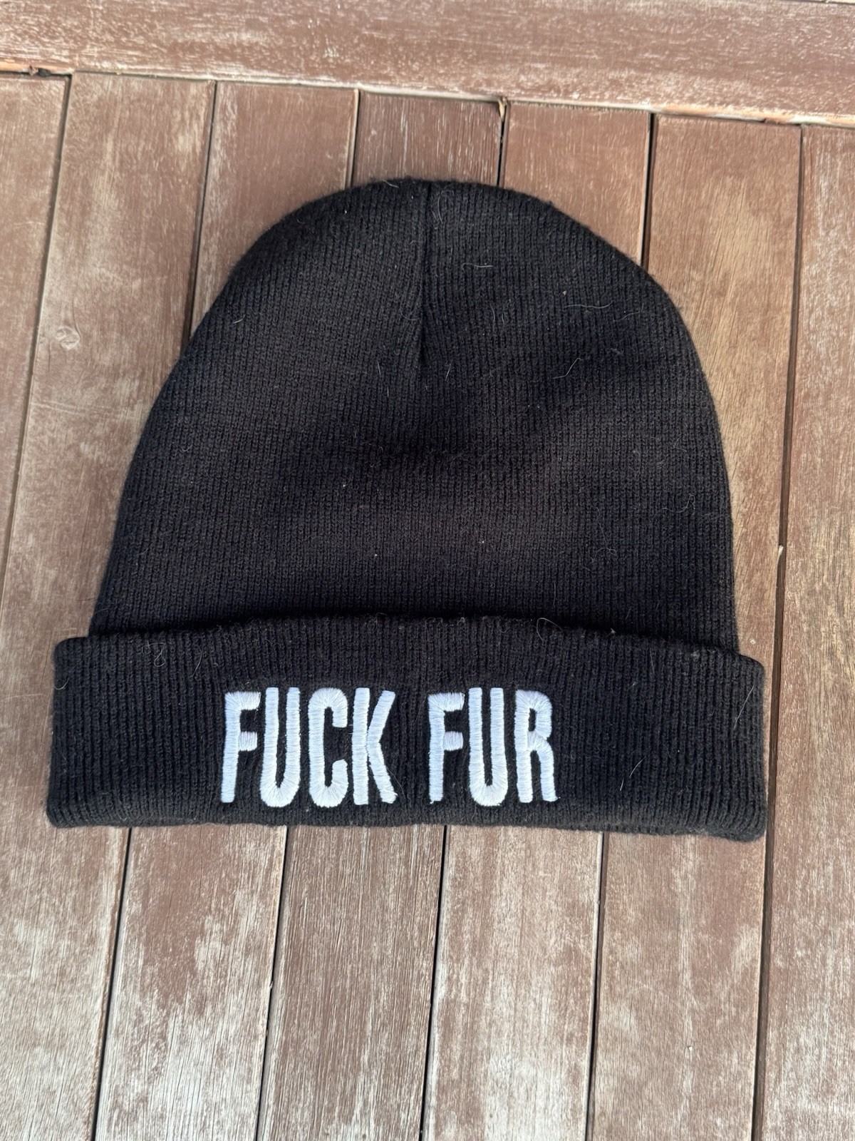 Black Acrylic Knit Beanie Hat Embroidered 'F*** FUR' Unisex Winter Casual