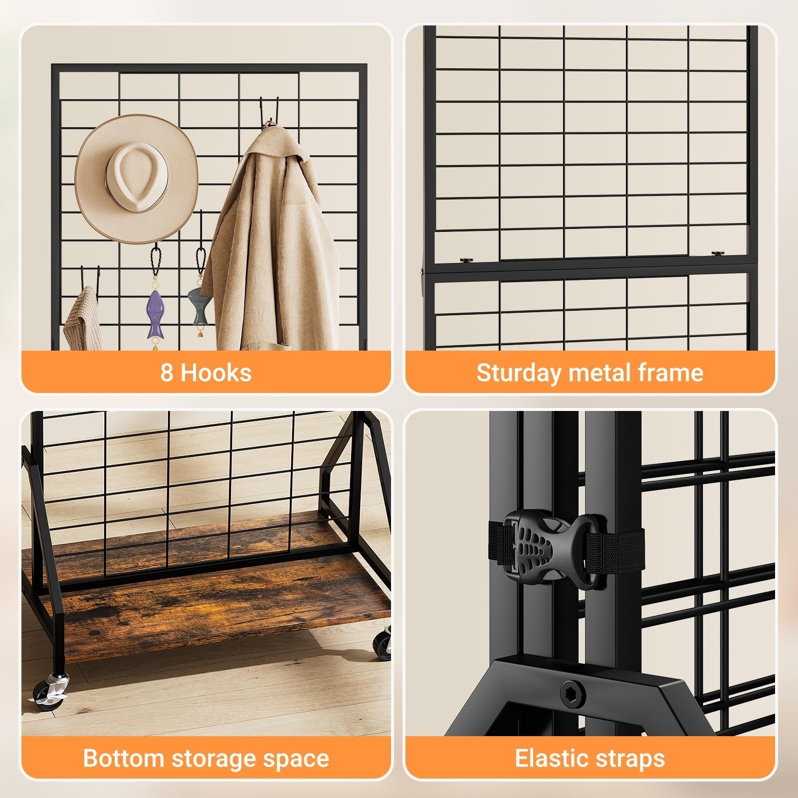 ELYKEN Foldable Grid Wall Panels Display Rack with Wheels & Storage Shelf