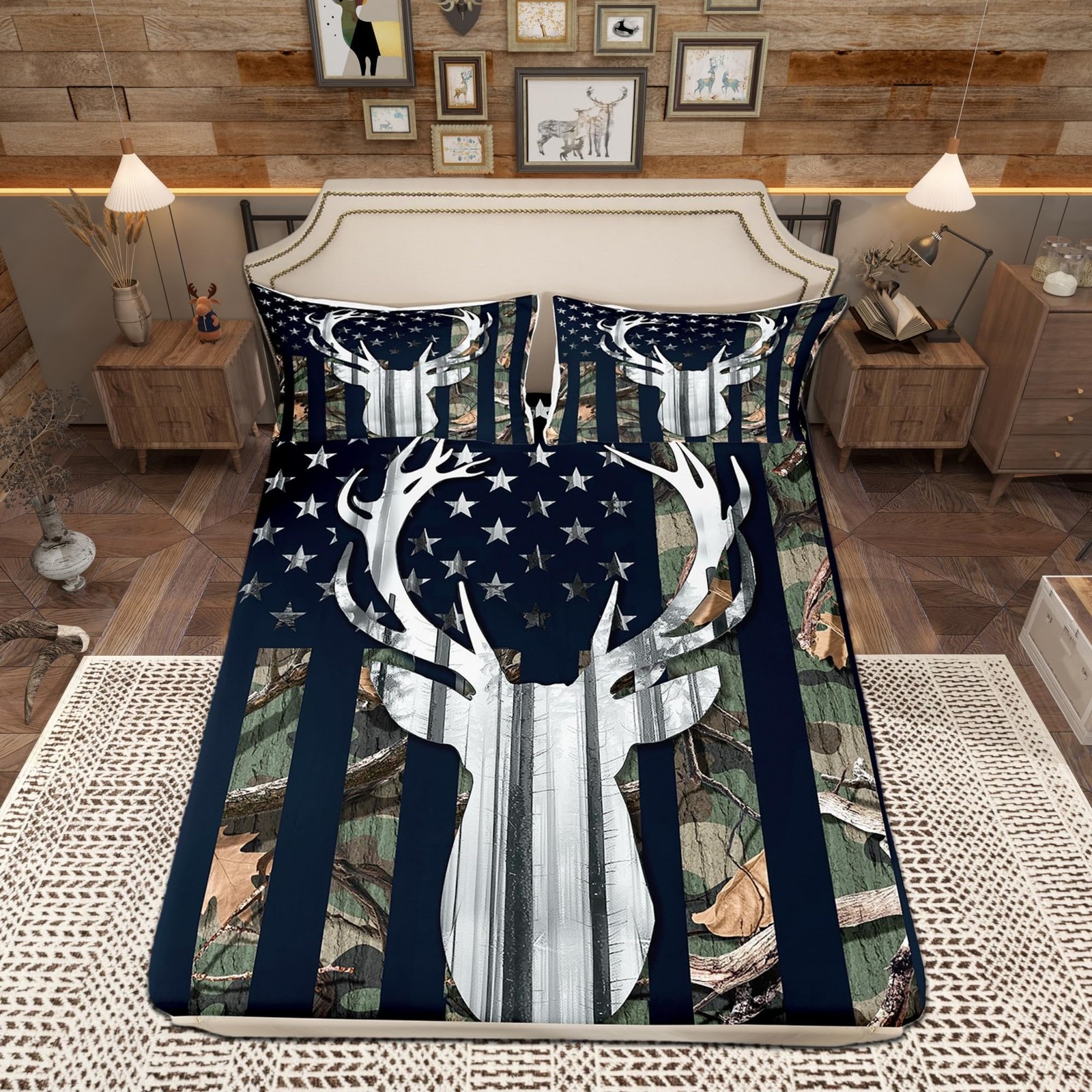 Camouflage USA Flag Fitted Sheet,Green Camo Grey Deer Antlers and Trees Beddi...