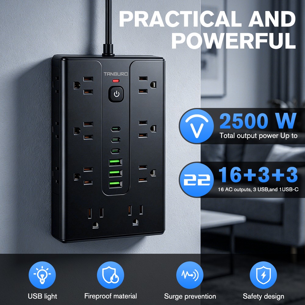 Power Strip Surge Protector with 16 Outlets 3 USB & 3 USB C Ports Flat Plug New