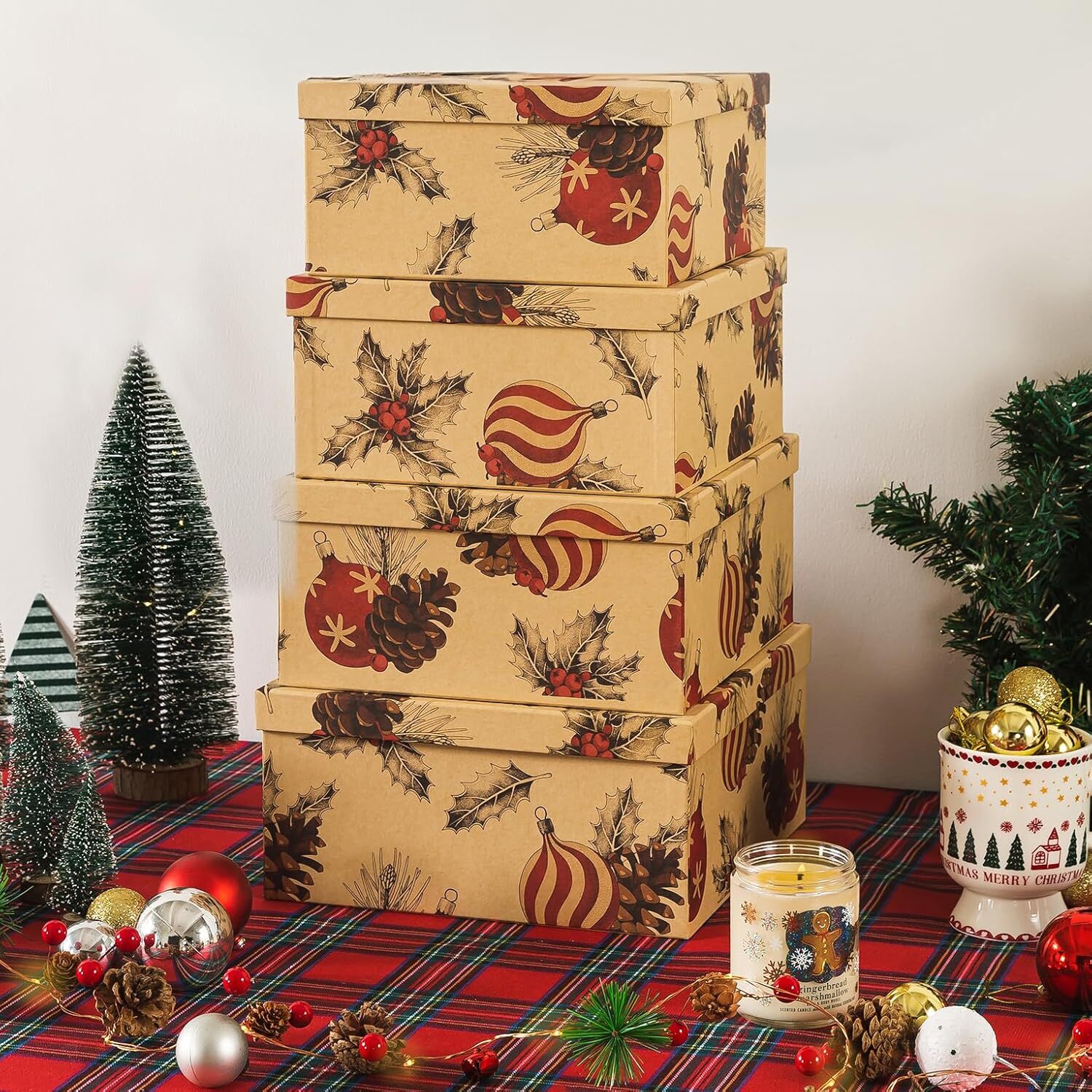 Christmas Kraft Square Decorative Boxes with Lids-Set of 4-Retro Cozy Christmas